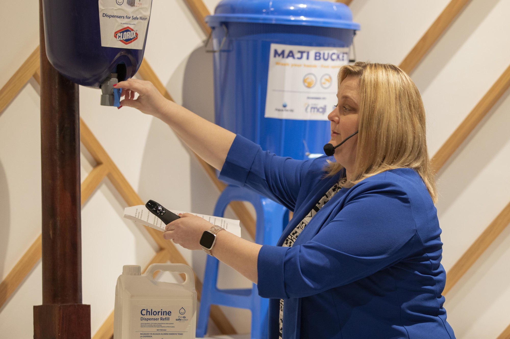 Jennifer Comer, Senior Manager, Dispensers for Safe Water, Evidence Action speaks during the Best Practice Programming - Spotlighting Solutions Around Water Management at the Best Practice Area, Speakers Corner m68653