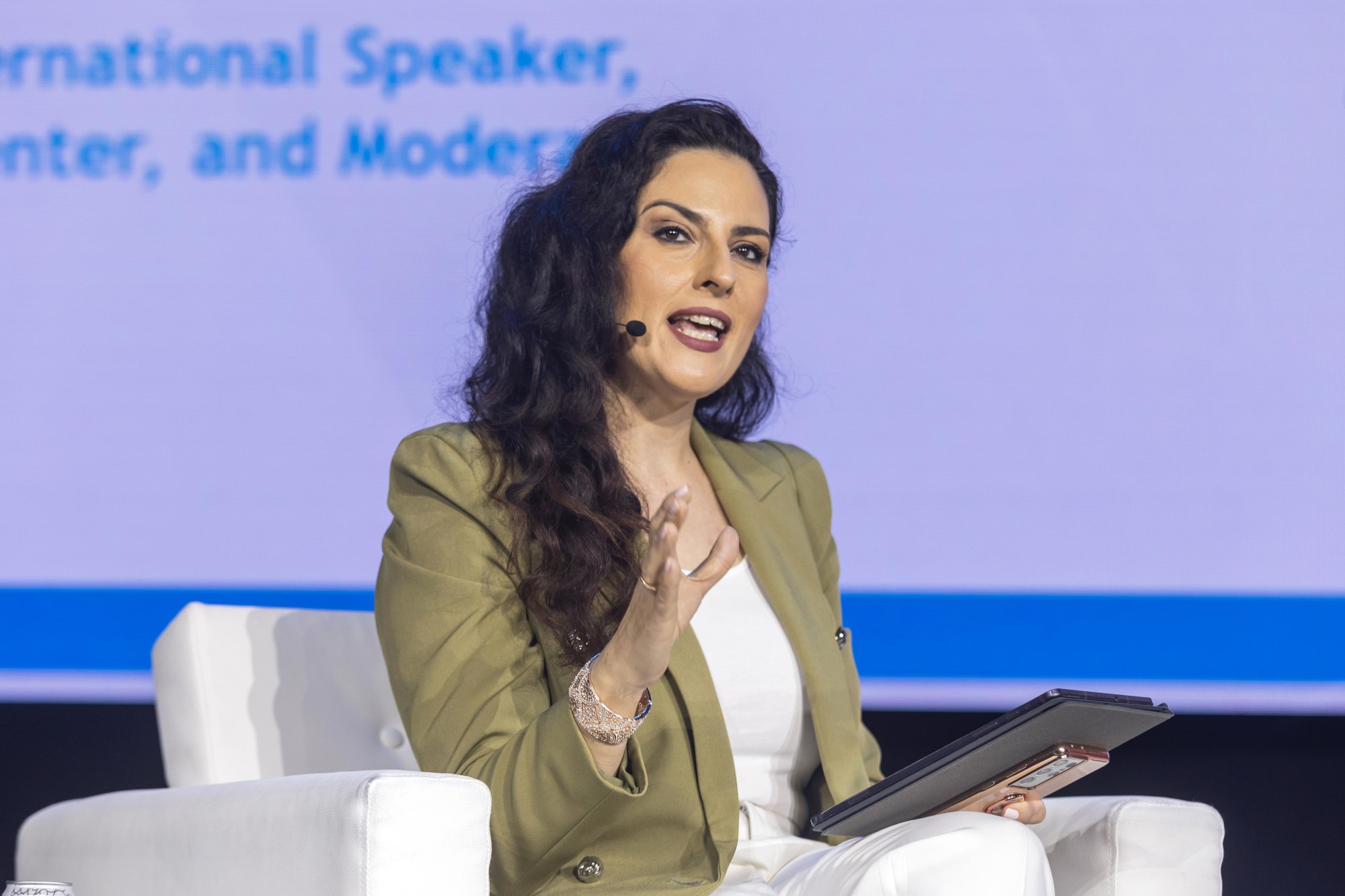 Sally Moussa, International Speaker, Presenter and Moderator speaks during the UN Women SDG 5 Summit at Dubai Exhibition Centre m60789