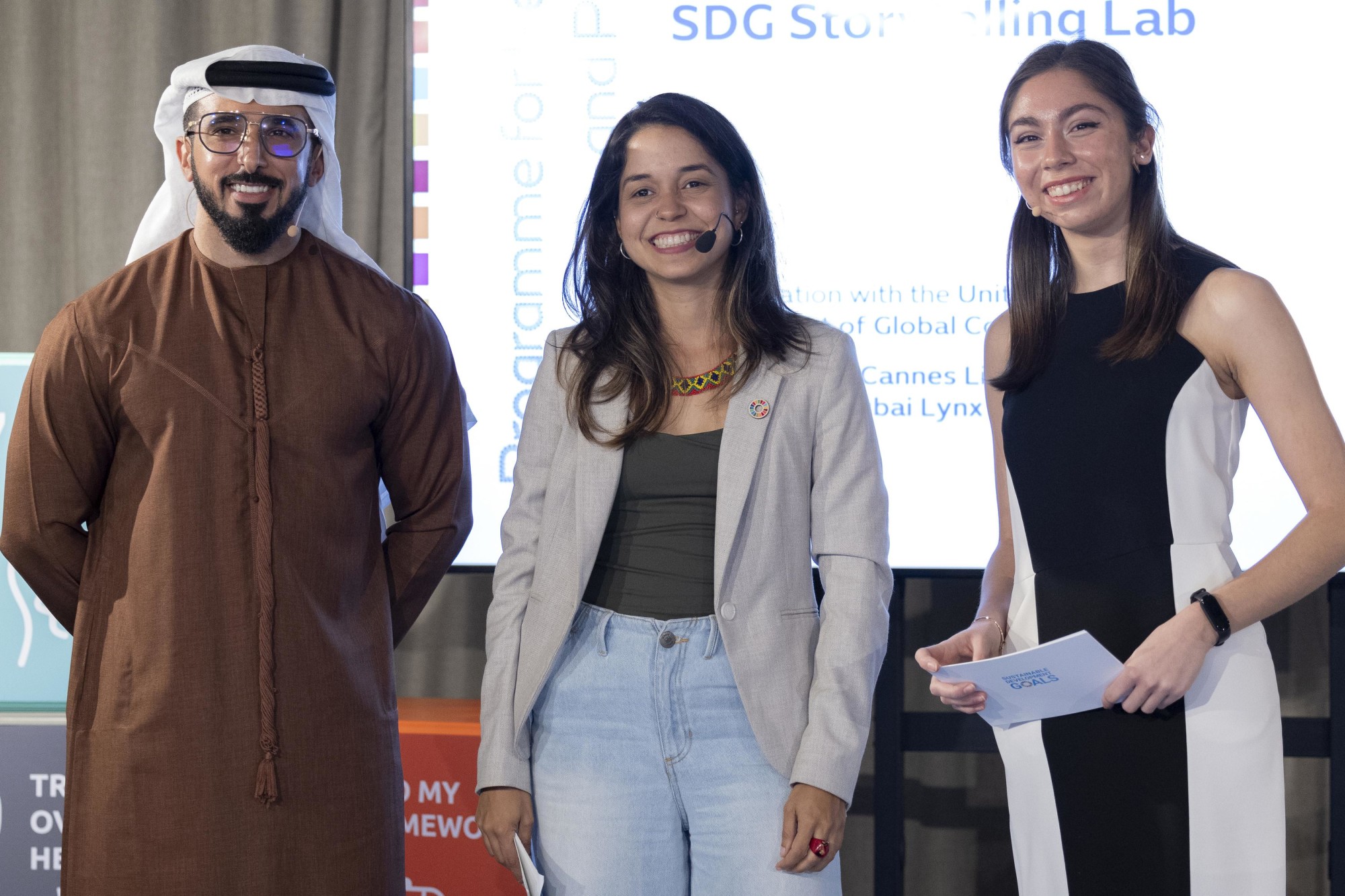 Rashed Al Falahi (L), Chief Storytelling Officer, UAE and Selin Ozunaldim (R), Founder of Girl Up Istanbul during the SDG Storytelling Lab - Live in Balance - Sustainability Track at the Business Connect Centre m34642