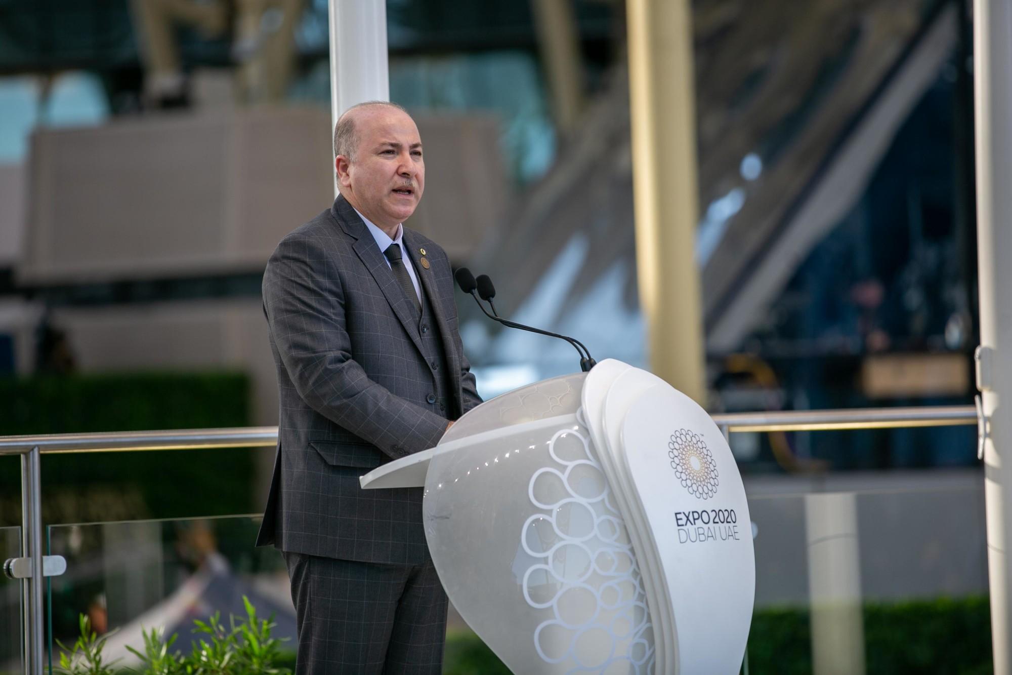 His Excellency Aymen Benabderrahmane, Prime Minister and Minister of Finance speaks during the Algeria National Day Ceremony at Al Wasl Plaza m10503