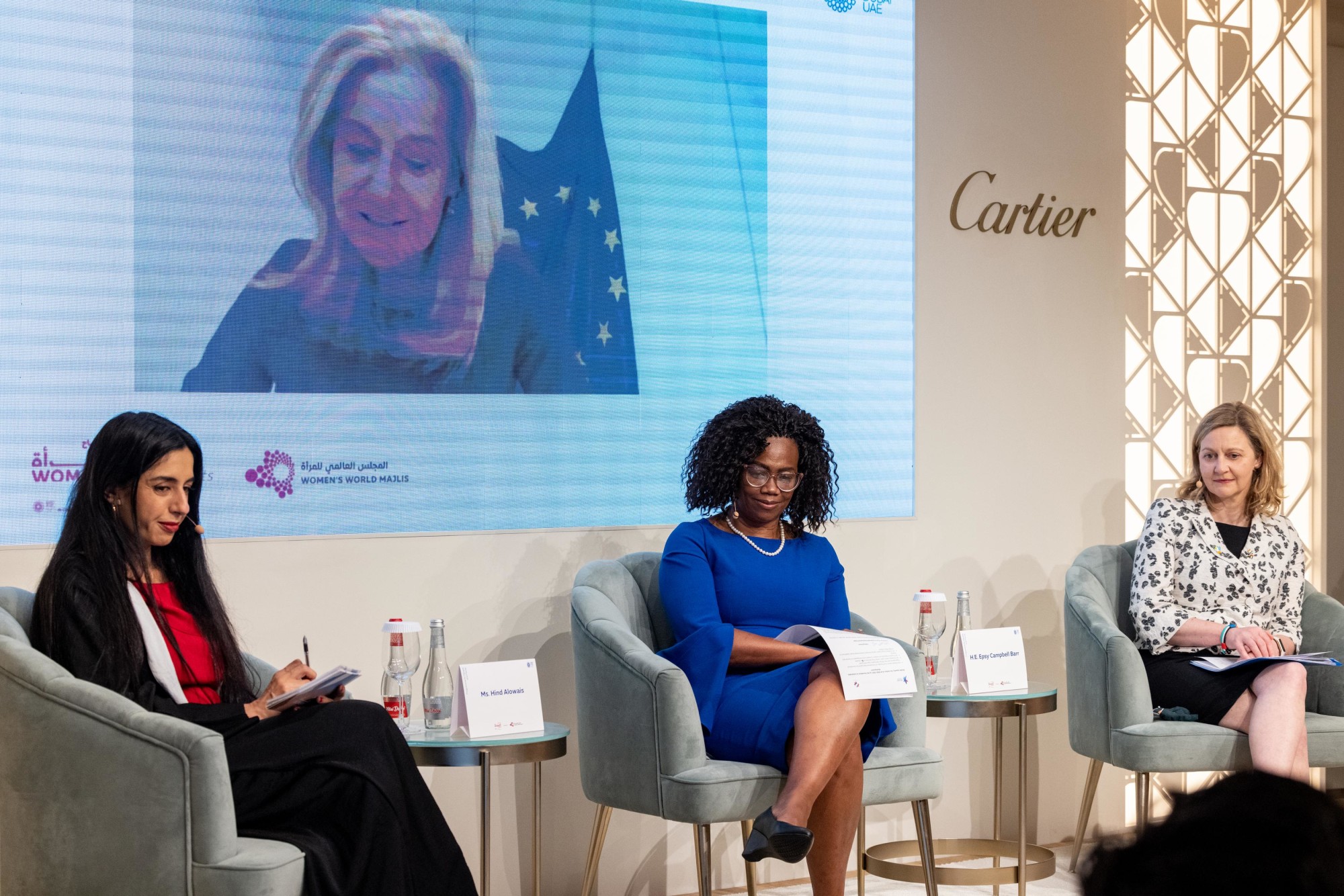 Hind Alowais (L), Senior Vice President, International Participant Management, Expo 2020 Dubai, H E Epsy Campbell Barr (C), Vice President of Costa Rica and Ms Sonja Hyland (R), Deputy Secretary General Global Issues, Department of Foreign