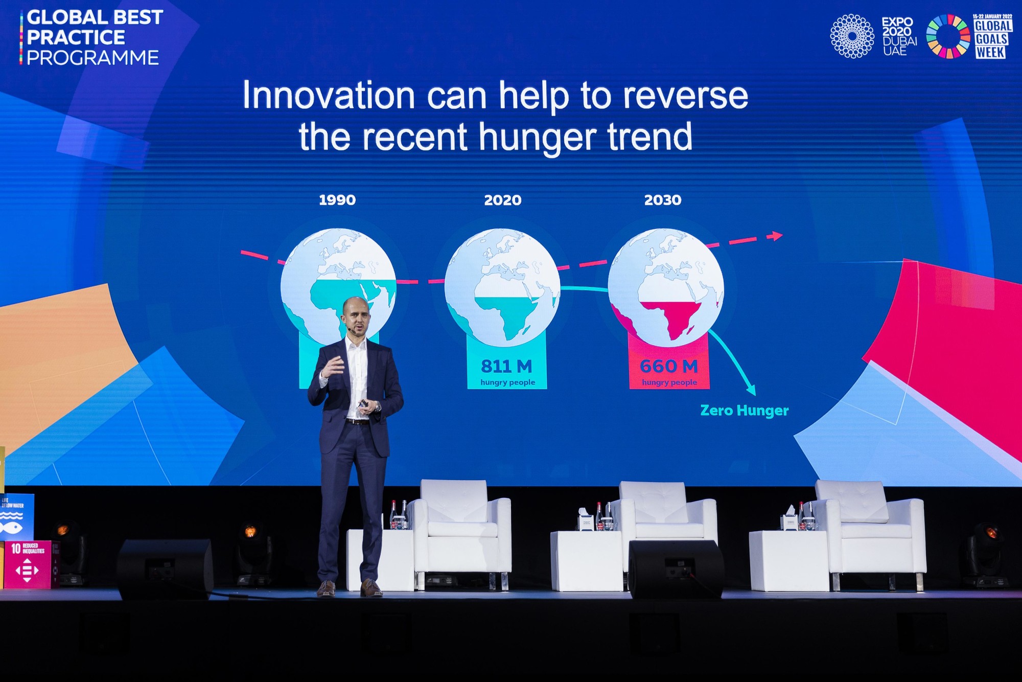 Bernhard Kowatsch, Head of the Innovations Accelerator at the United Nations World Food Programme (WFP) speaks during the Global Best Practice Programme Assembly at Dubai Exhibition Centre m35189