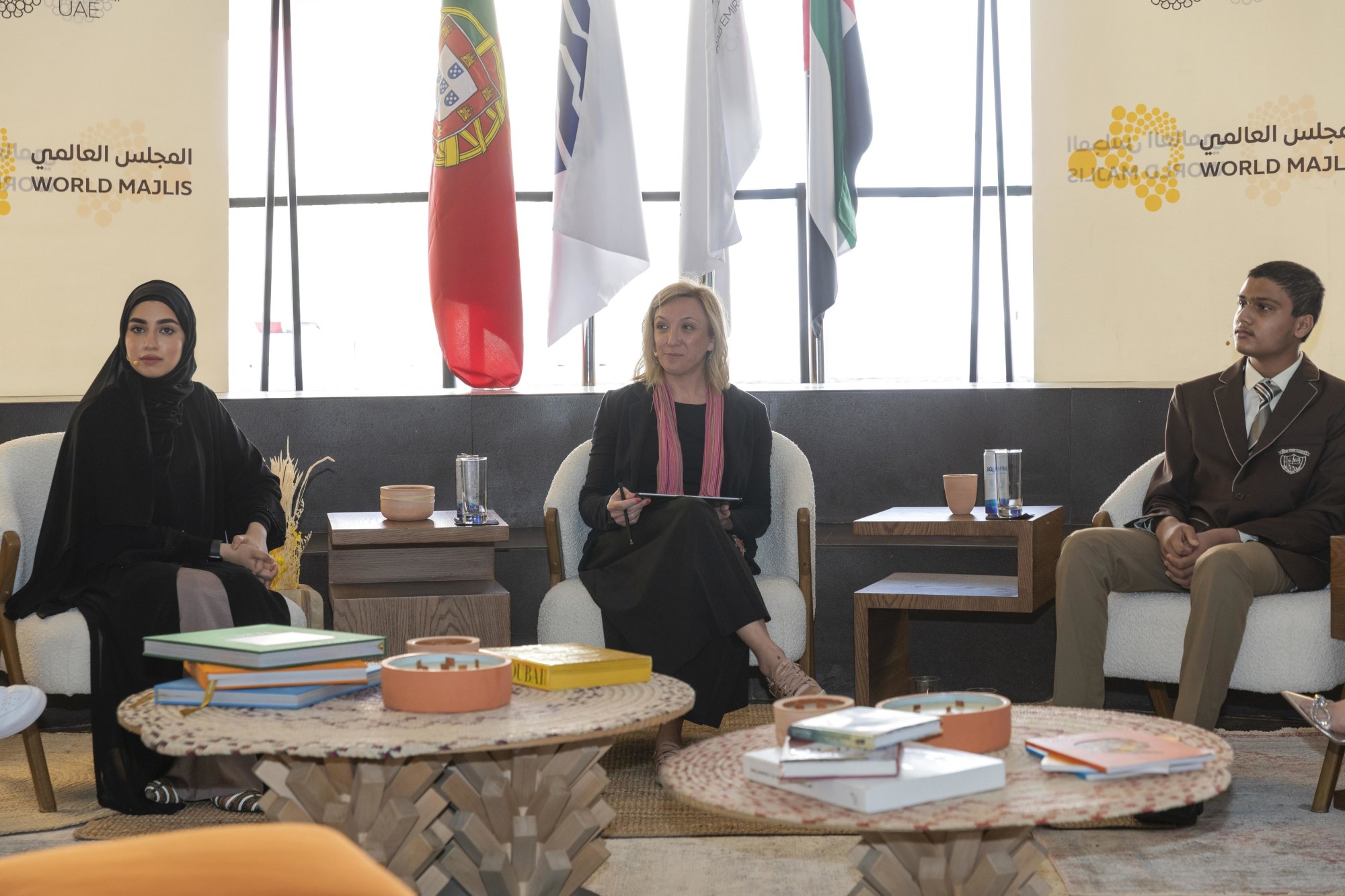 Amal Alsayegh (L), Zayed University, Dubai, Lara Matossian (C), Writer Educator Storyteller and Mcee and Hishaam Abdul Razik (R), GEMS Our Own High School - Al Warqa’a, Dubai during Next Gen World Majlis A Good Place to Work Balancing