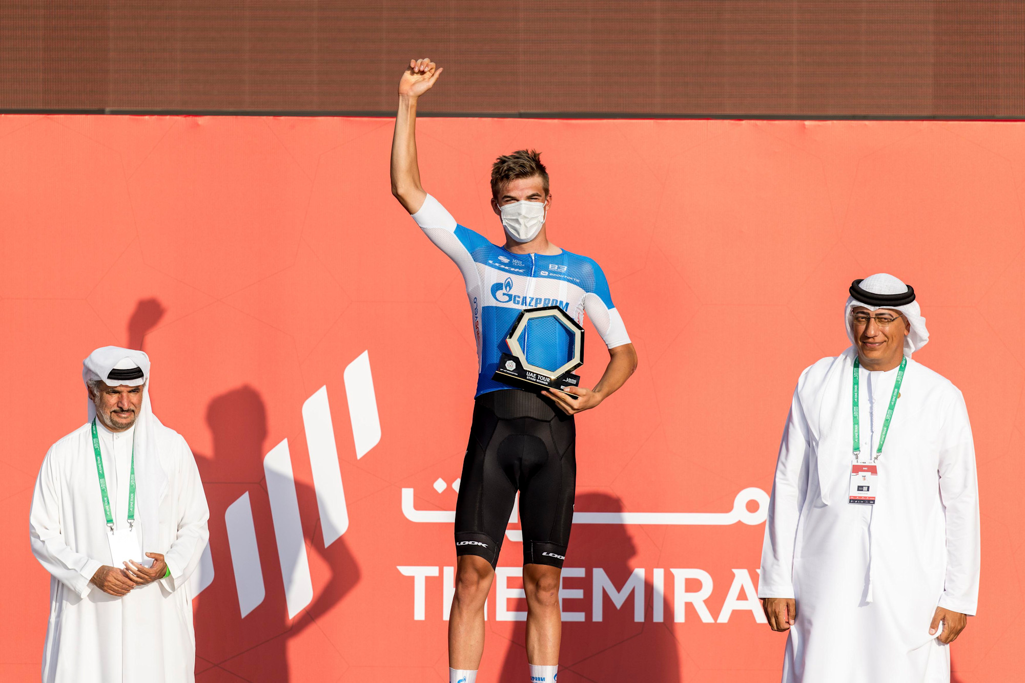 Matias Vacek (C) during the UAE Tour Award ceremony and presentations at Dubai Millennium Amphitheatre m55361
