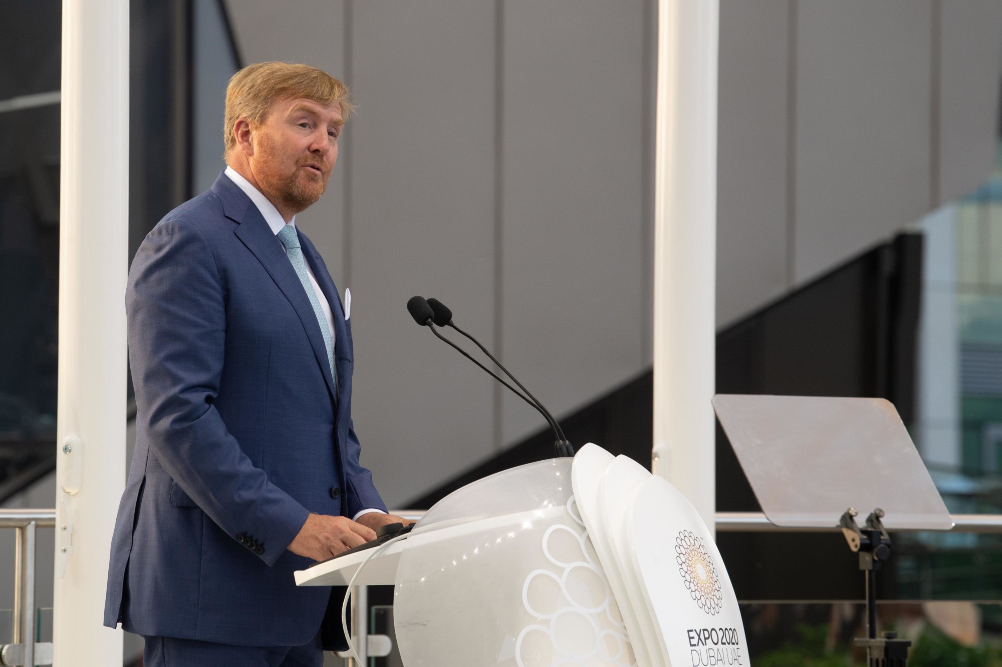 His Majesty King Willem-Alexander of the Netherlands speaks during the Netherlands National Day Ceremony in Al Wasl Plaza m8191