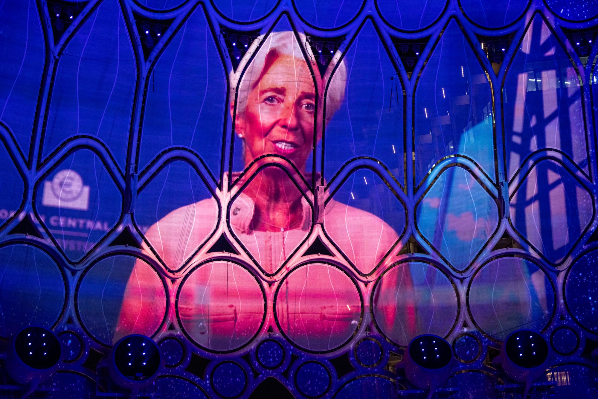 Projection of Christine Lagarde, President of the European Central Bank during the International Women’s Day Celebration at Al Wasl m60619