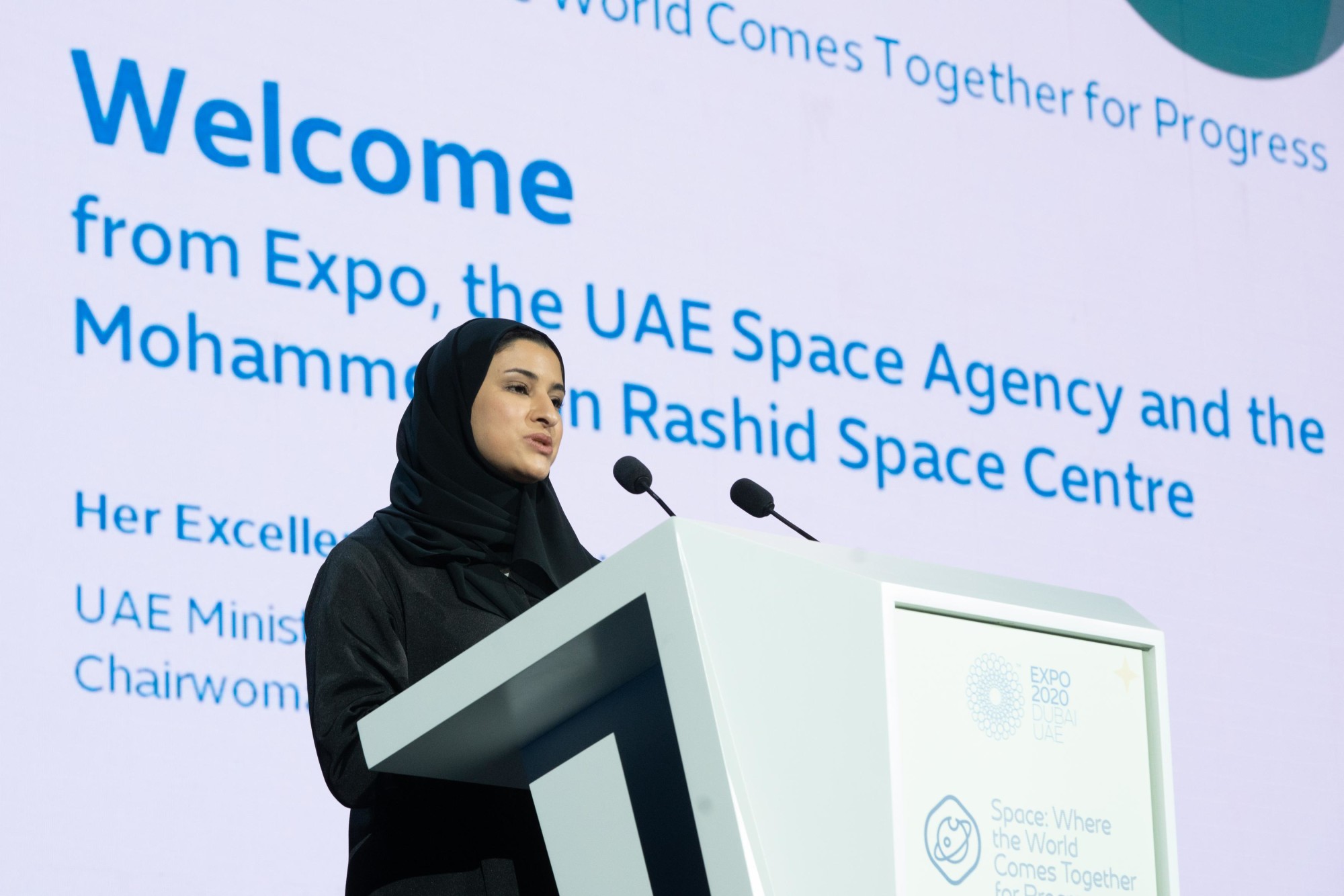 Her Excellency Sarah Al Amiri speaks at Space Week event at Dubai Exhibition Centre Web Image m5388
