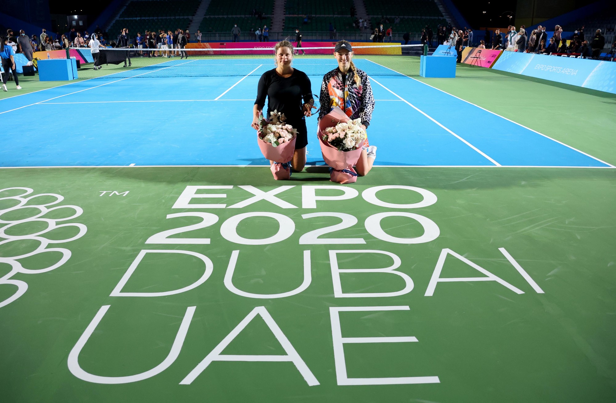 Tennis legends and Women’s Singles Exhibition Game winner Kim Clijsters (L) and runner up Caroline Wozniacki during Expo 2020 Dubai Tennis Week at the Expo Sports Arena m52494