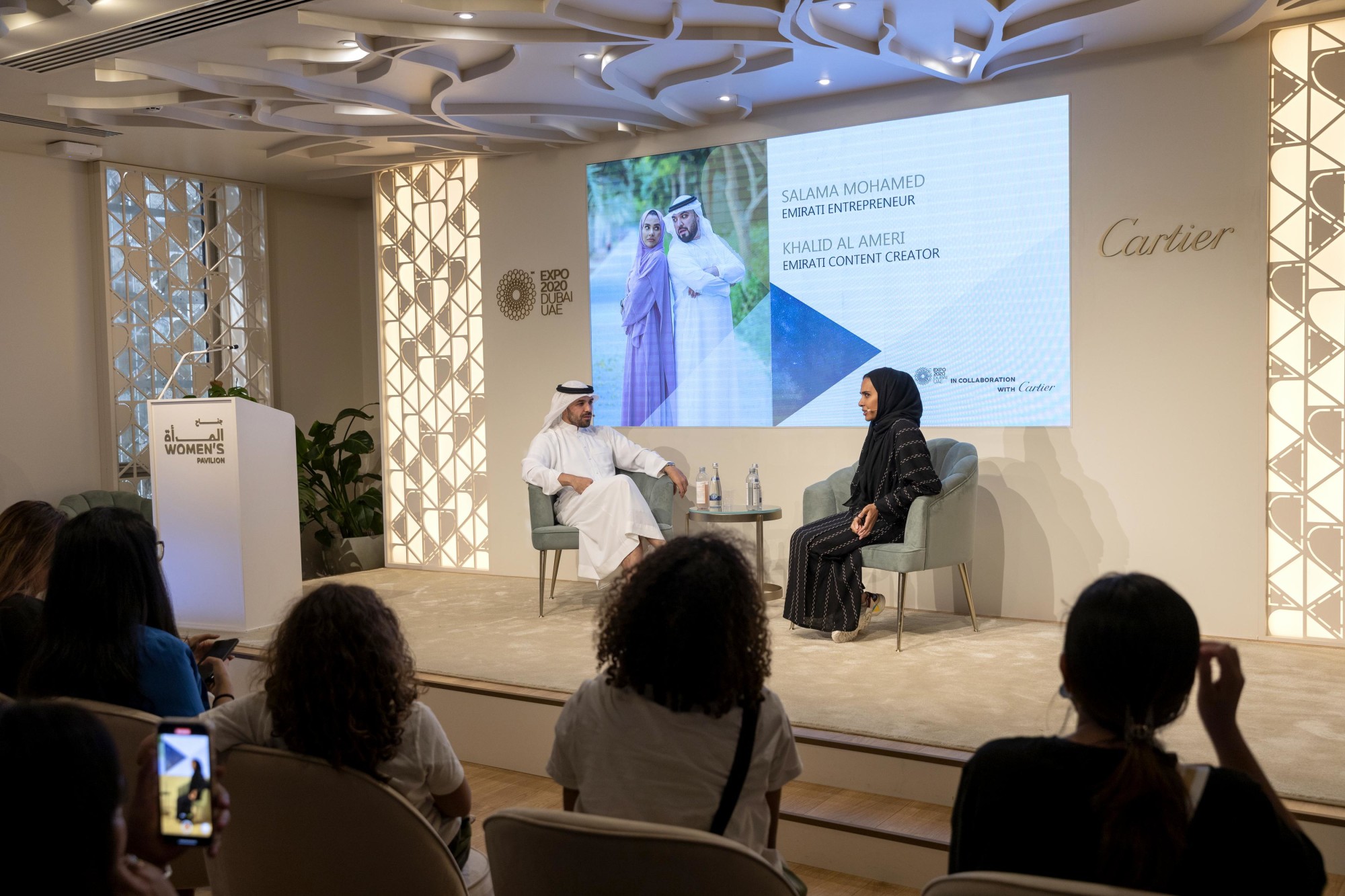 Salama Mohamed (R), Emirati Entrepreneur and Khalid Al Ameri (L), Emirati Content Creator during the Visions and Journeys at the Women-s Pavilion m61727