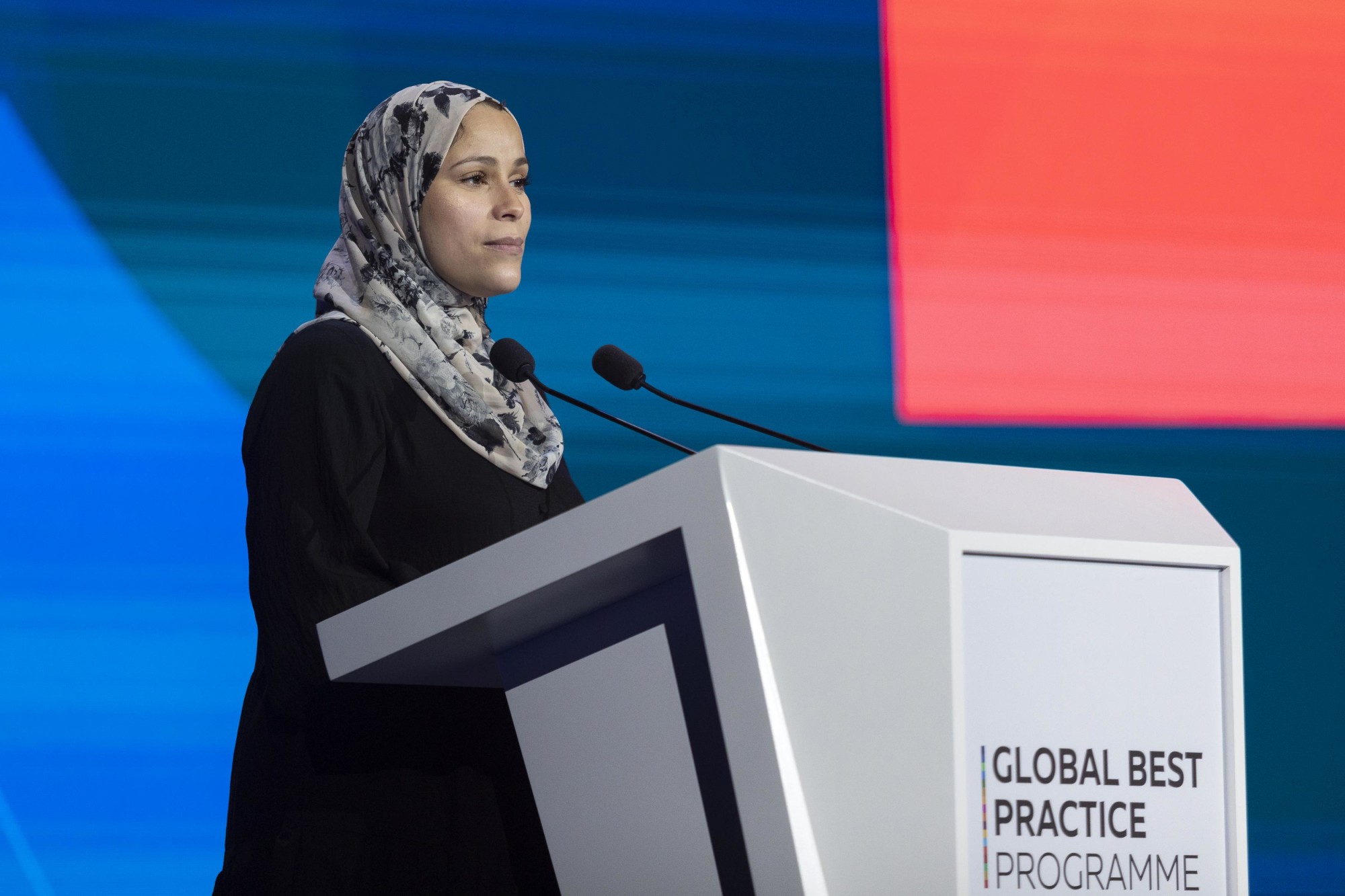 Dr Alaa Murabit, Director, Program Advocacy and Communications Health, Bill & Melinda Gates Foundation speaks during the Global Best Practice Programme Assembly at Dubai Exhibition Centre m35196