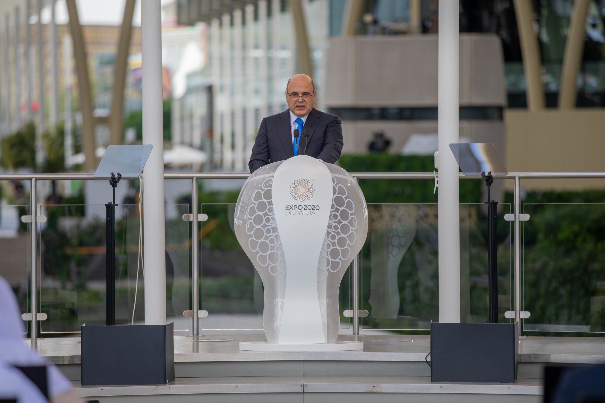 His Excellency Mikhail Mishustin, Prime Minister of the Russian Federation speaks during Russia National Day Ceremony at Al Wasl m17041