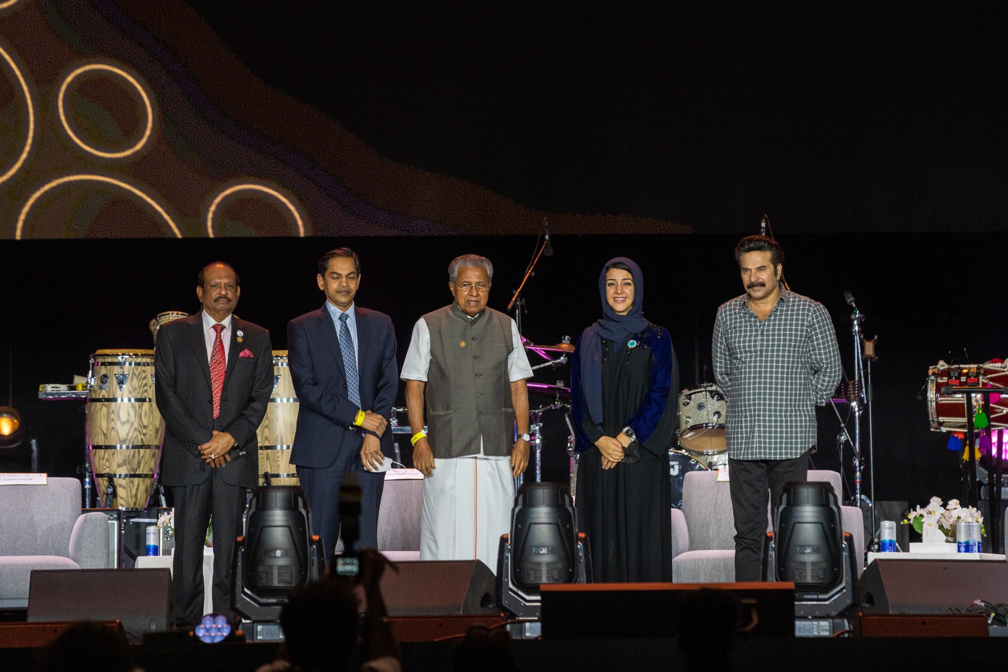 His Excellency Pinarayi Vijayan (C), Chief Minister of Kerala, India, Her Excellency Reem Ebrahim Al Hashimy (R2), UAE Minister of State for International Cooperation and Director General of Expo 2020 Dubai and Mammootty (R1),Indian actor du