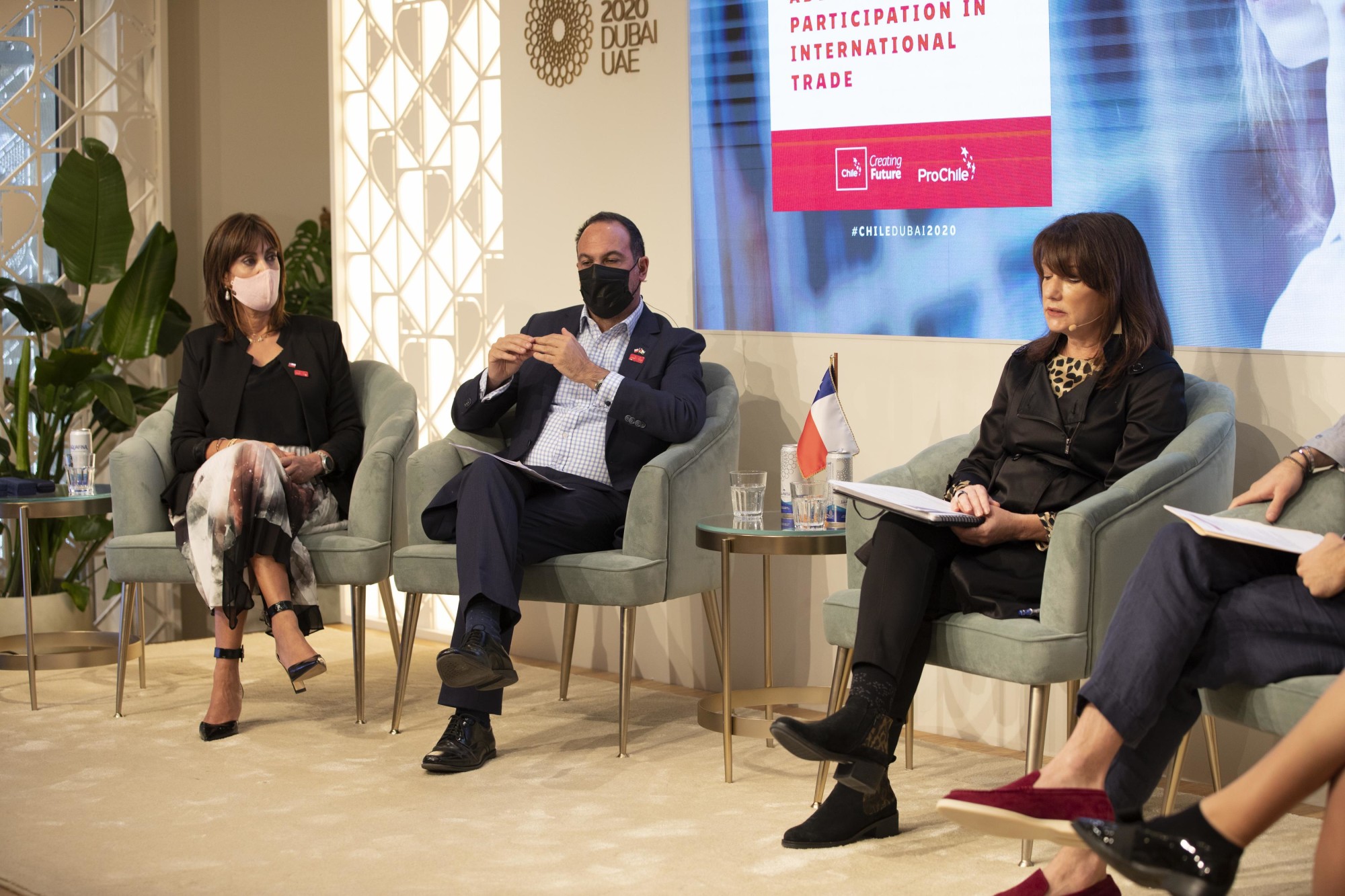 His Excellency Jorge Daccarett (C), the Ambassador of Chile in the UAE, Her Excellency Mónica Beatriz Zalaquett Said (L), Minister of Women and Gender Equality, Her Excellency Marcy Grossman (R), Ambassador at the Embassy of Canada in the U