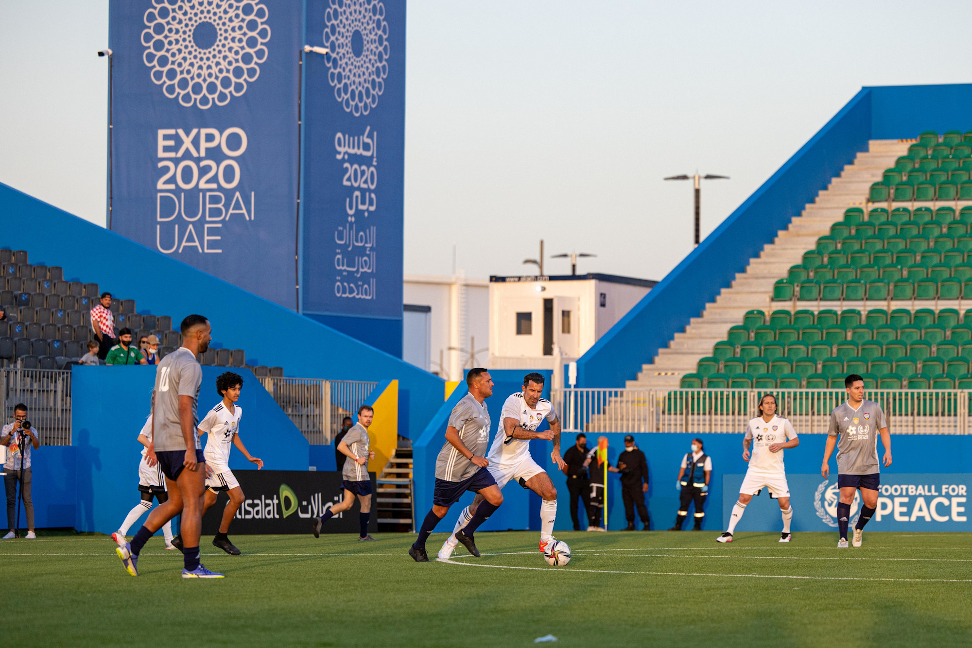 Luis Figo (C), of Team Salgado in action during the UAE All Stars Football tournament at the Expo Sports Arena m30735
