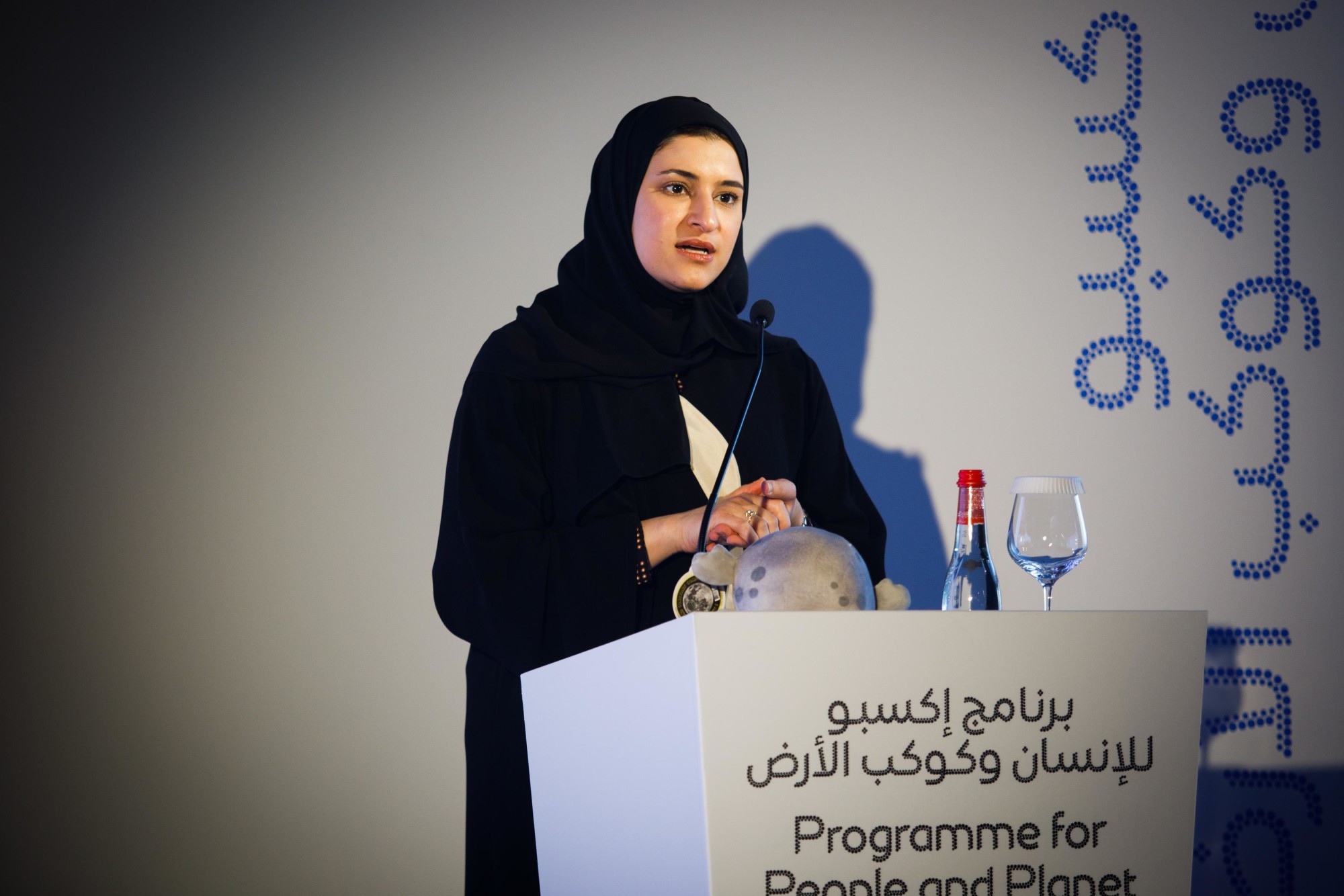 Her Excellency Sarah Al Amiri, UAE Minister of State for Advanced Technology, Ministry of Industry and Advanced Technology and Chairperson, UAE Space Agency talks during the International Day of Women and Girls in Science event at Nexus m469