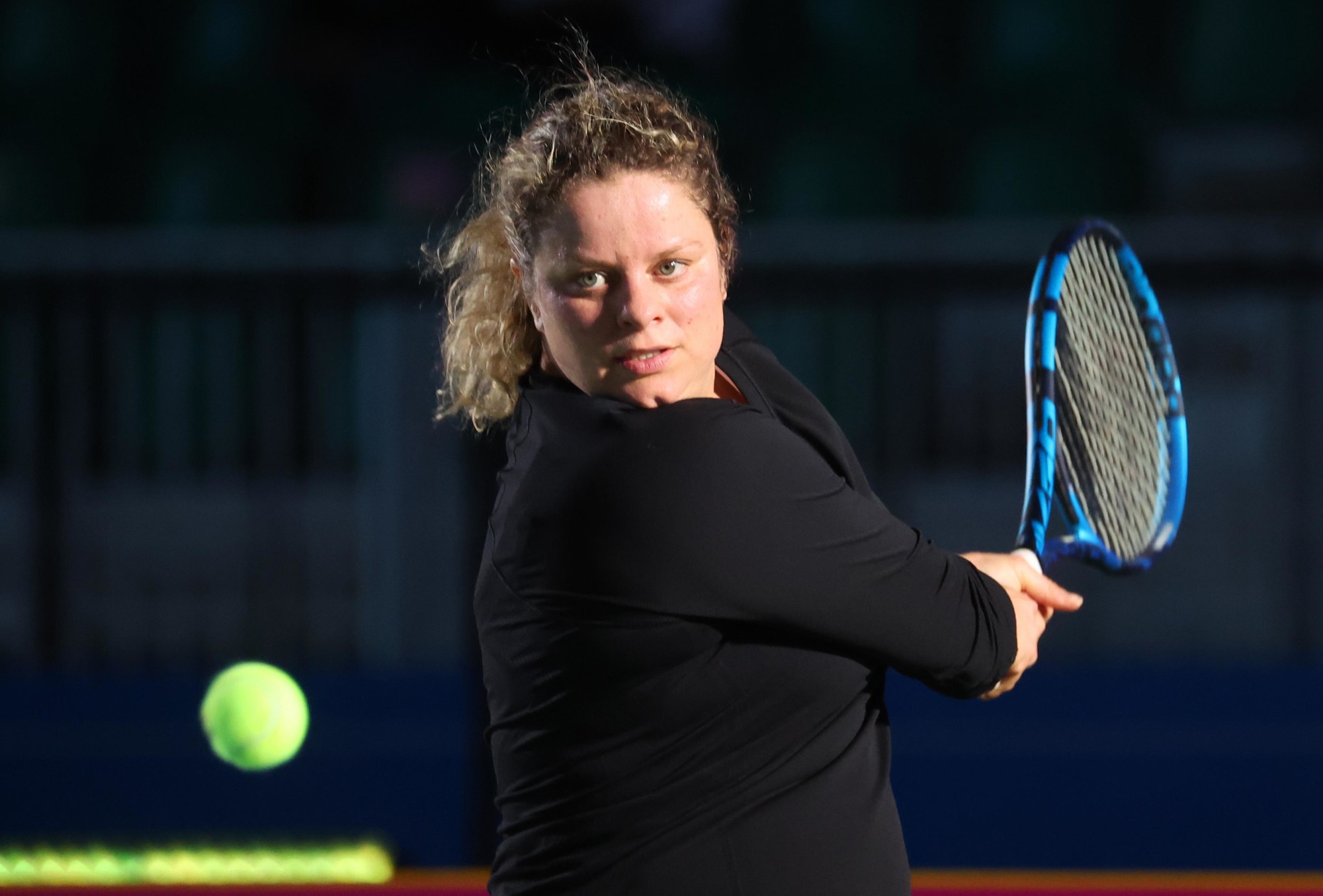 Tennis legend Kim Clijsters in action during the Women’s Singles Exhibition Game against Caroline Wozniacki for Expo 2020 Dubai Tennis Week at the Expo Sports Arena Web Image m52482