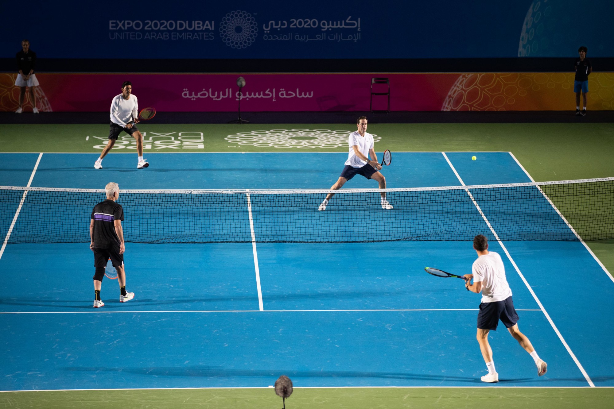 Tennis legends Richard Krajicek (BR) and John McEnroe (BL) against Mark Philippoussis (TL) and Greg Rusedski (TR) for the Men’s Doubles Exhibition Game during Expo 2020 Dubai Tennis Week at the Expo Sports Arena m52465
