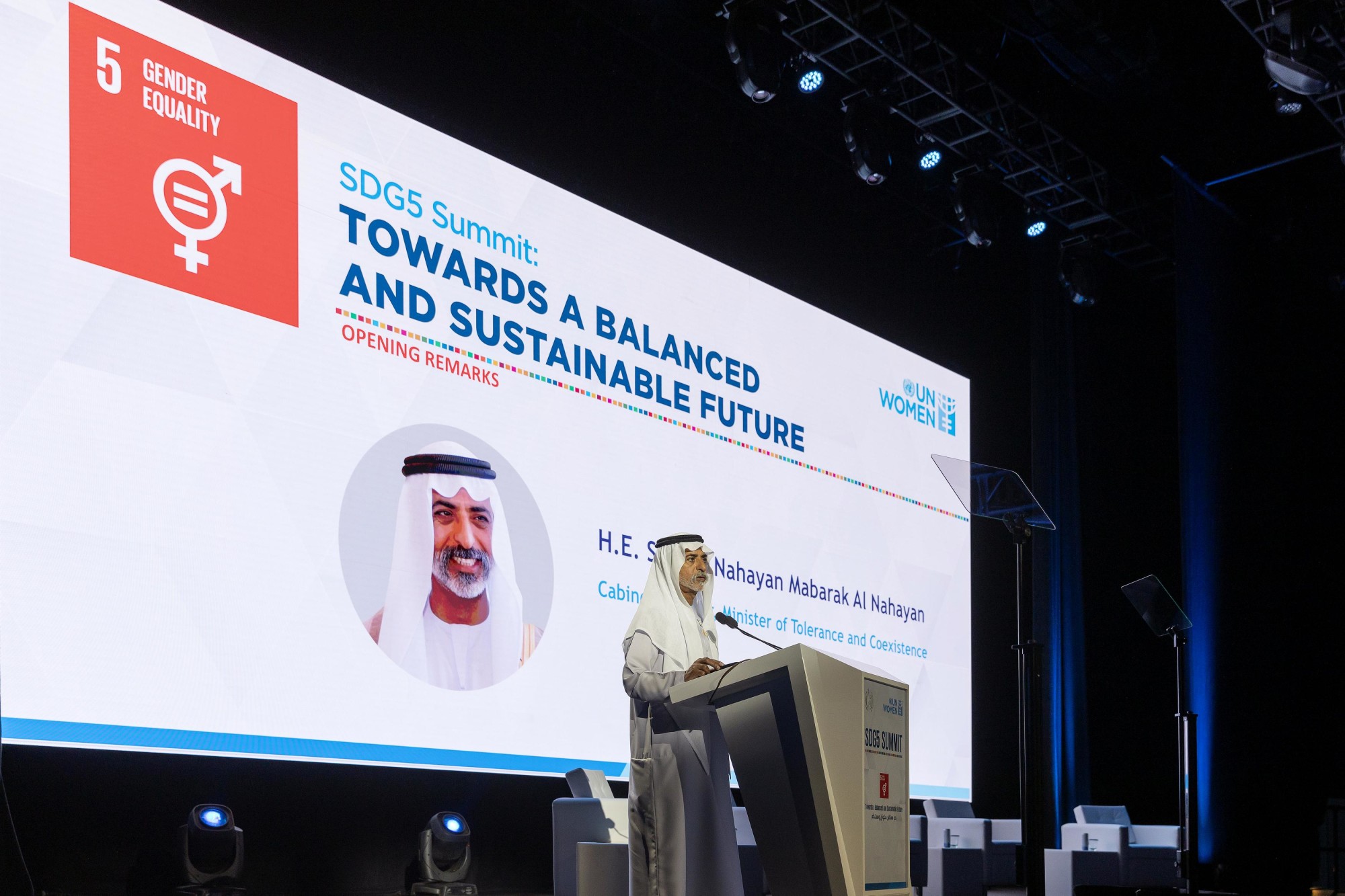 His Excellency Sheikh Nahayan Mabarak Al Nahayan, UAE Minister of Tolerance and Coexistence Commissioner General of Expo 2020 Dubai speaks during the UN Women SDG 5 Summit at Dubai Exhibition Centre m60765