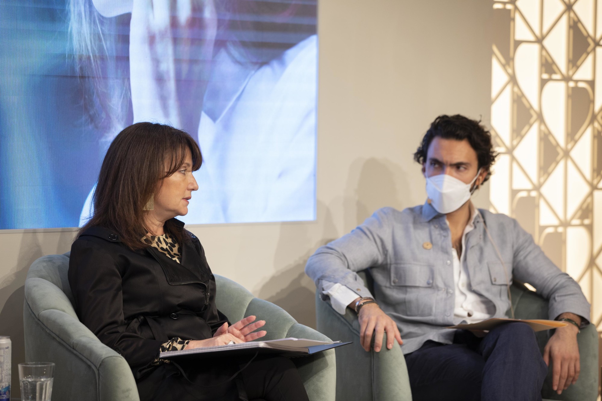 His Excellency Bernardo Noval (R), Director of the Mexico Pavilion, Her Excellency Marcy Grossman (L), Ambassador at the Embassy of Canada in the UAE, during the Outlier Series - Advancing women’s participation in international trade at th