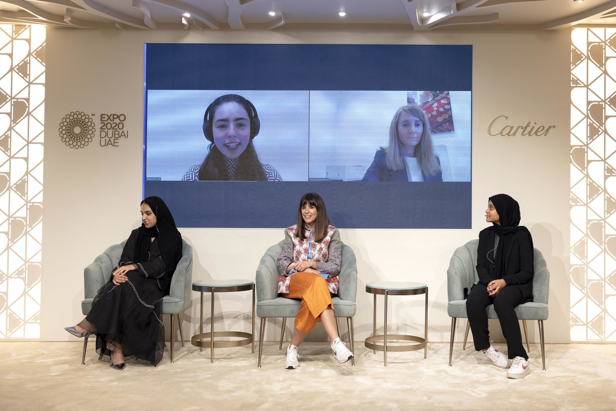 Meitha Alteneiji (L), Marta Borell (C) and Nusra Yusuf Mehadi (R) speak during Outlier Series A Light in the darkness – The personal story of Marta Borrell at Women-s Pavilion m37396