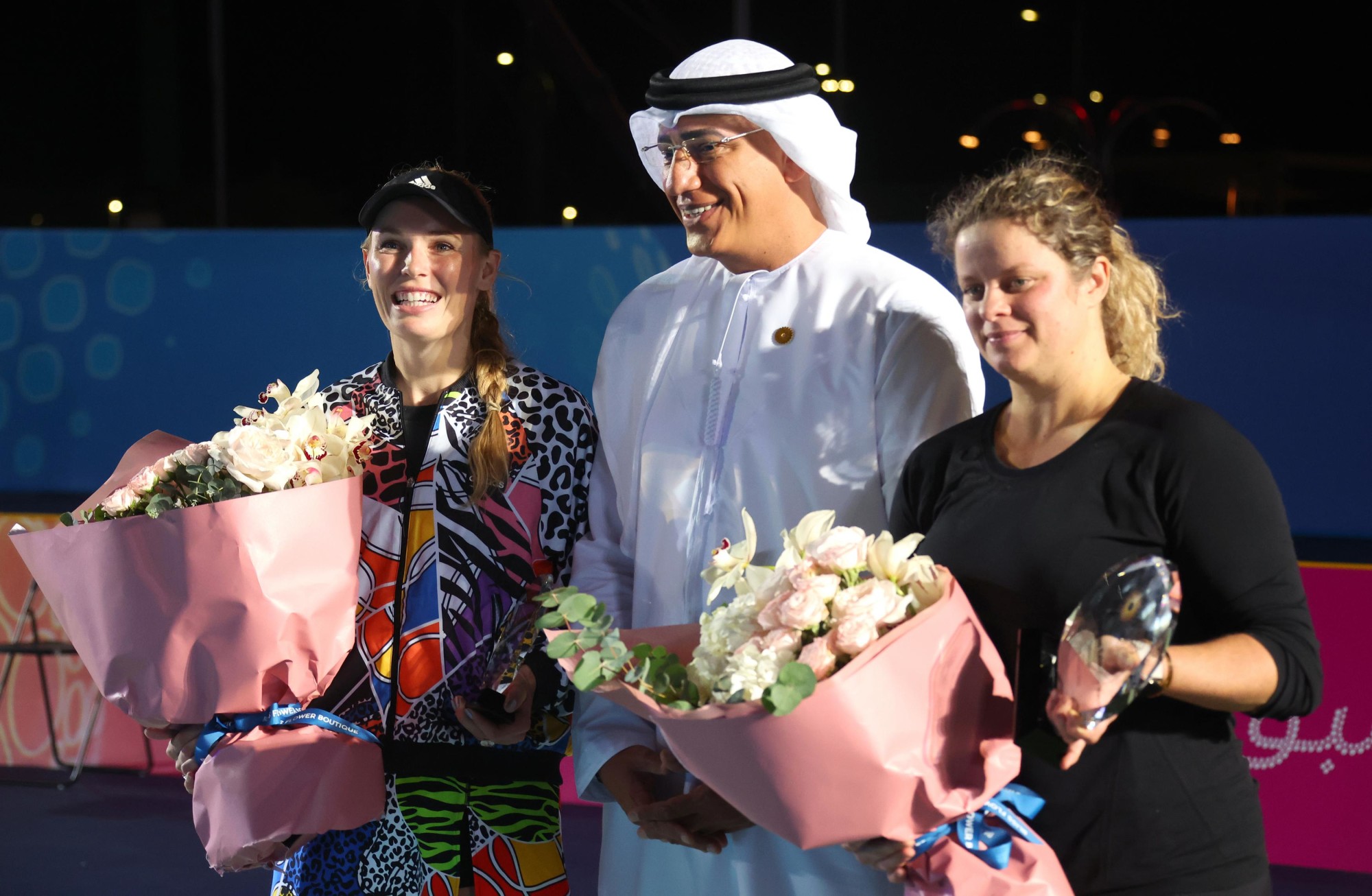 Ahmed Al Khatib (C), Chief Development and Delivery Officer, Expo 2020 alongside Tennis legends and Women’s Singles Exhibition Game runner up Caroline Wozniacki (L) and winner Kim Clijsters (R) during Expo 2020 Dubai Tennis Week at the Exp