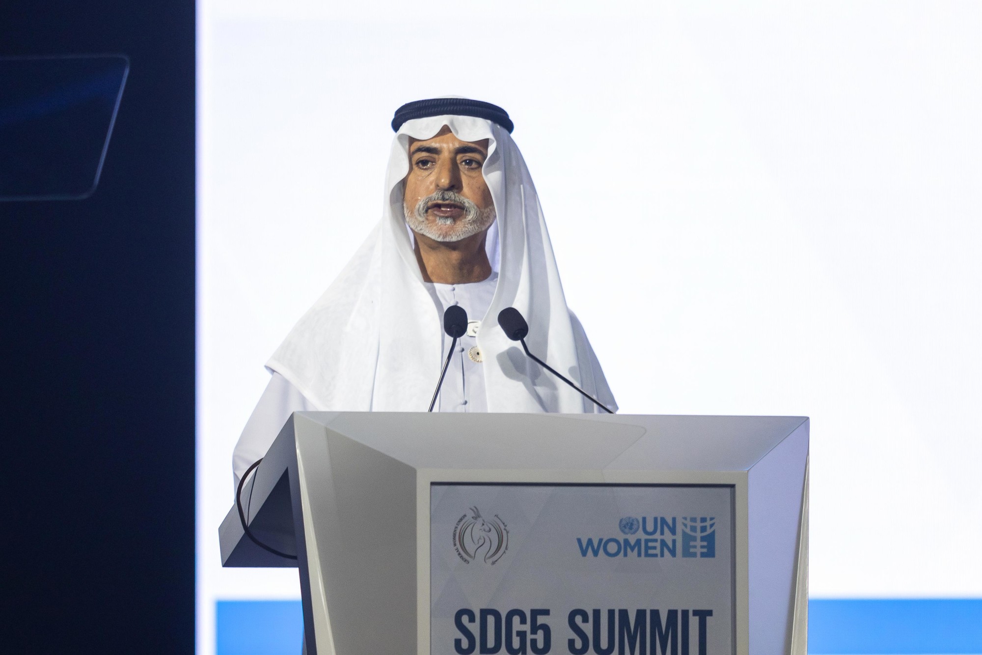His Excellency Sheikh Nahayan Mabarak Al Nahayan, UAE Minister of Tolerance and Coexistence Commissioner General of Expo 2020 Dubai speaks during the UN Women SDG 5 Summit at Dubai Exhibition Centre m60764