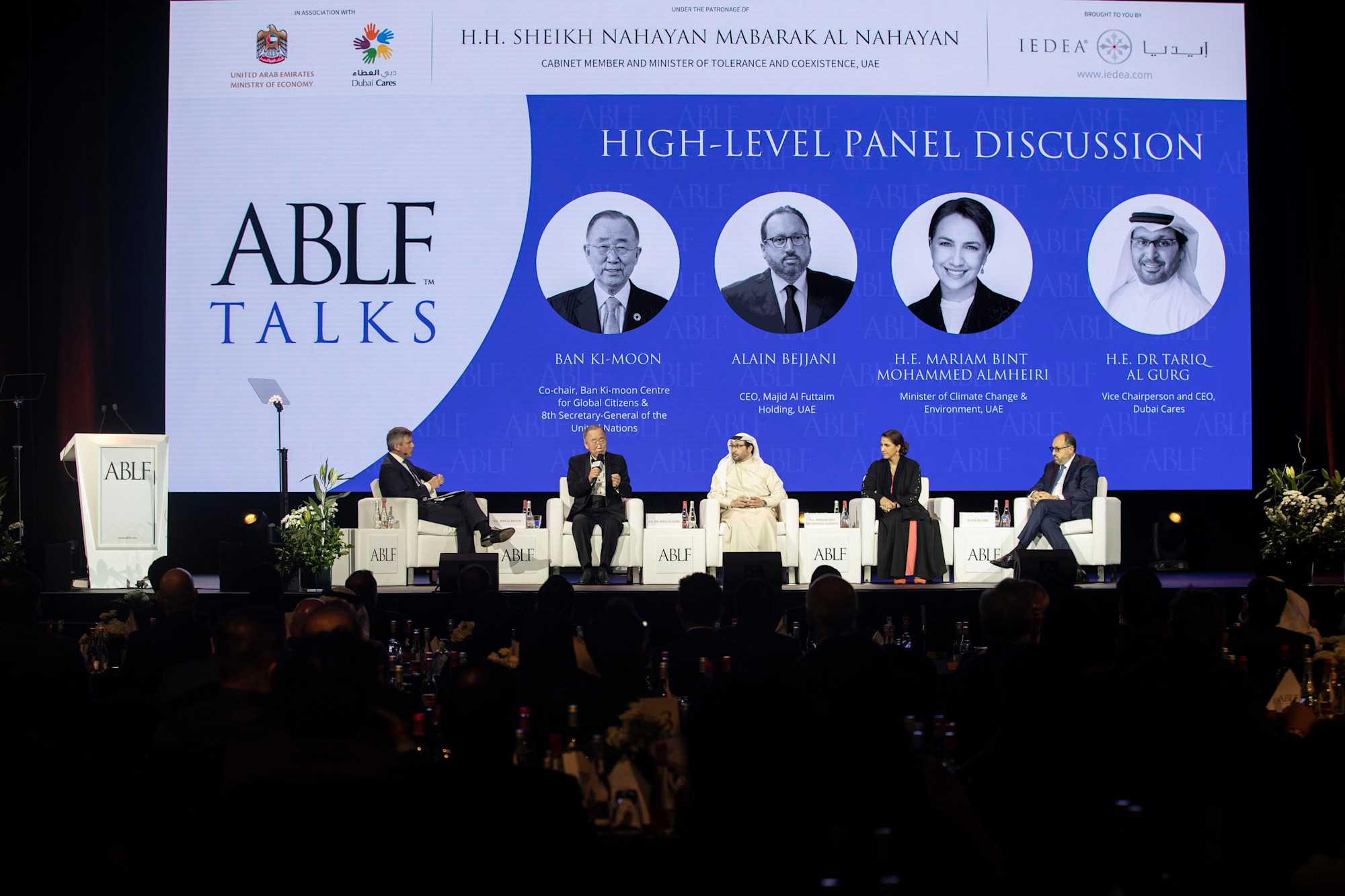 Ban Ki-Moon (L2), Co-chair, Ban Ki-Moon Centre for Global Citizens and 8th Secretary-General of the United Nations, His Excellency Dr Tariq Al Gurg (L3), Vice Chairperson and CEO, Dubai Cares, Her Excellency Mariam Bint Mohammed Almheiri (R