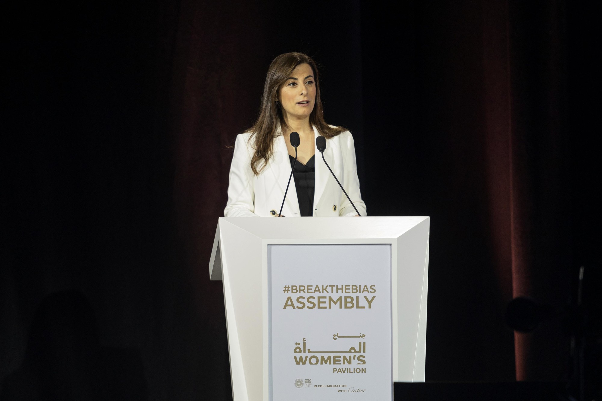 Dr Sara Chehab, Assistant Professor and Academic Programmes Manager, Anwar Gargash Diplomatic Academy speaks during the Breaking the Bias Assembly at Dubai Exhibition Centre m60400