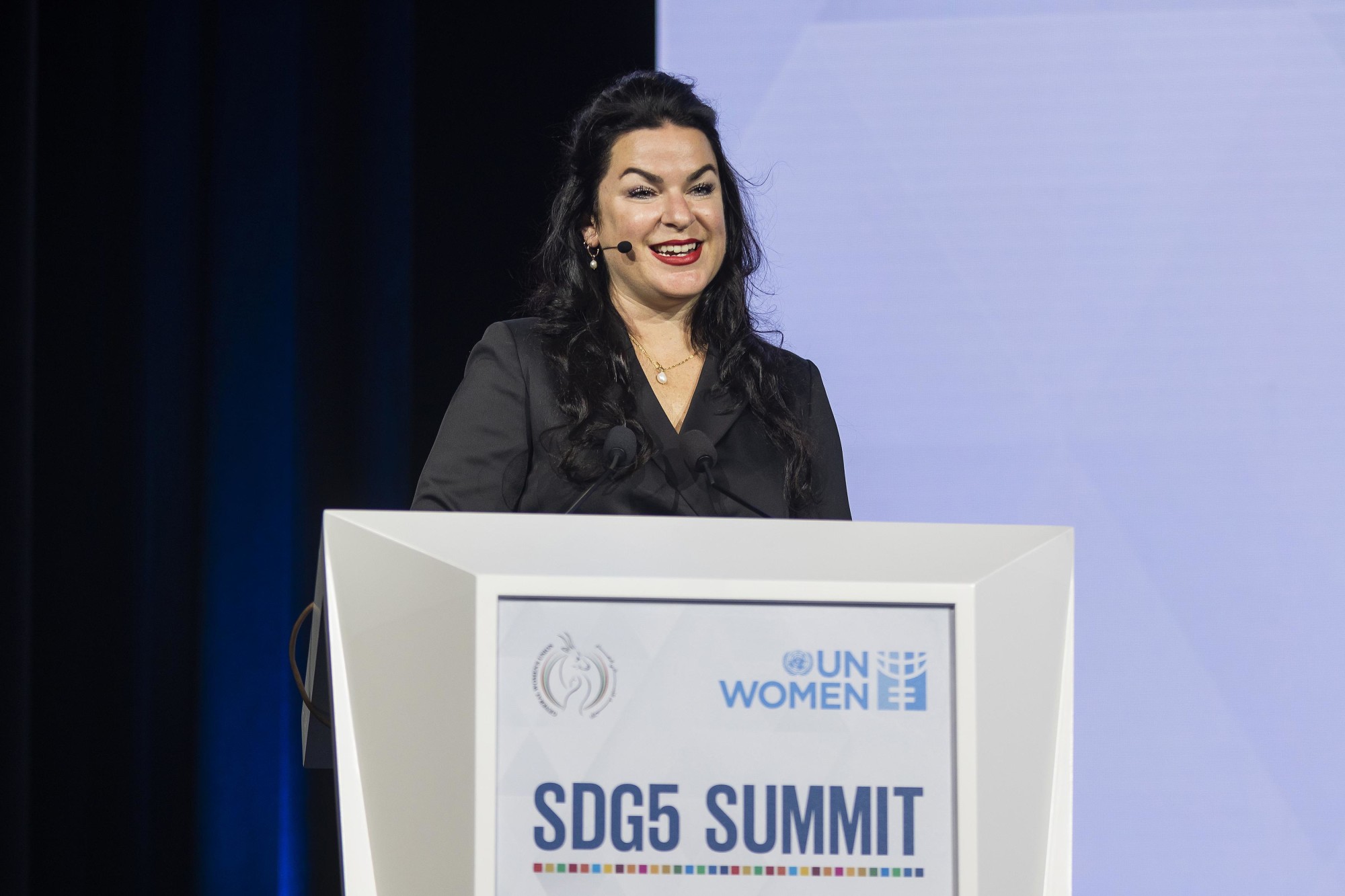 Melanie La Pointe, Entrepreneurship Coach Consultant UN Women speaks during the UN Women SDG 5 Summit at Dubai Exhibition Centre m60782