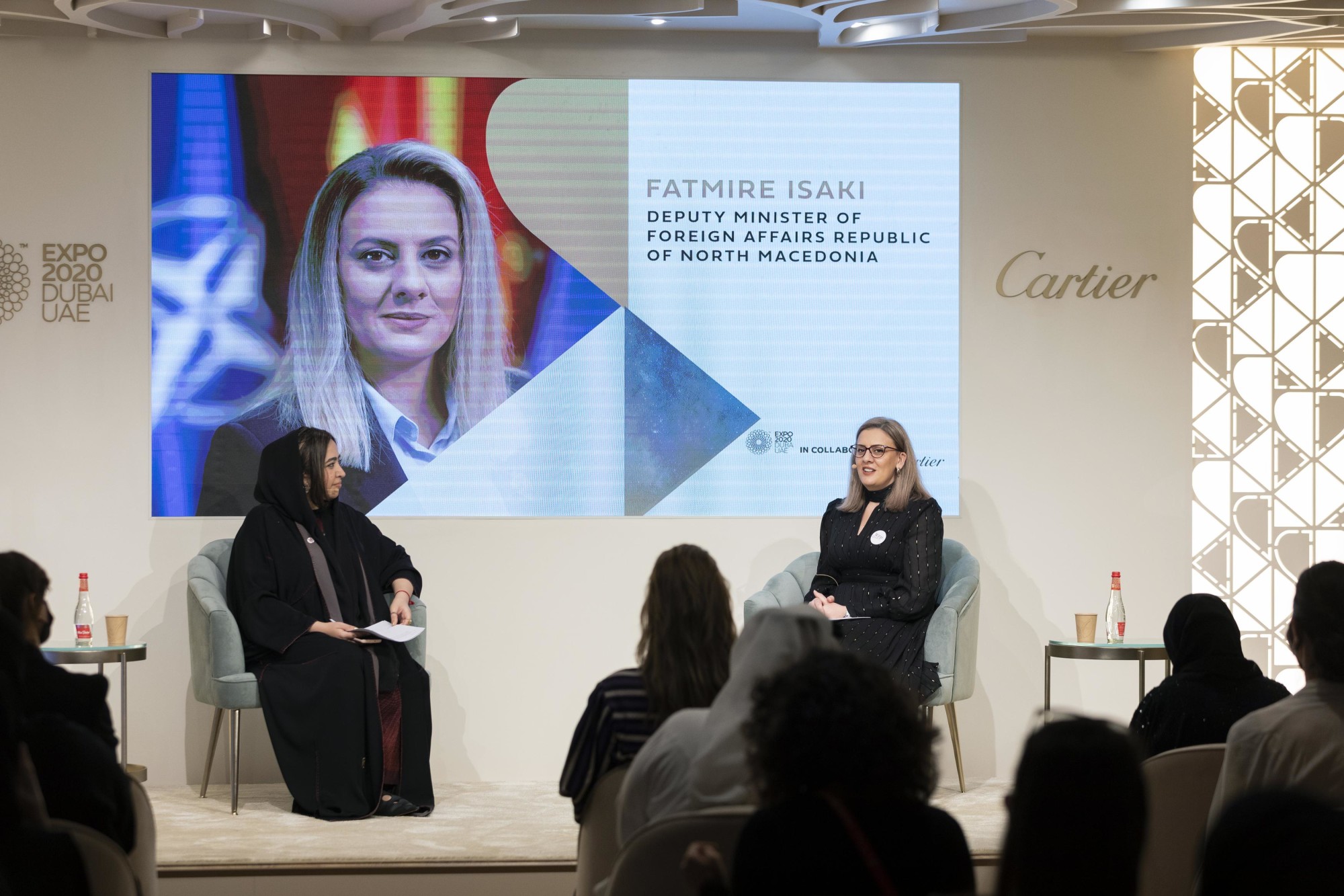 Her Excellency Fatmire Isaki (R), Deputy Minister of Foreign Affairs Republic of North Macedonia and Maryam Abdulla Mohd Ketait (L), moderator during Visions and Journeys Fatmire Isaki at the Women-s Pavilion m32247