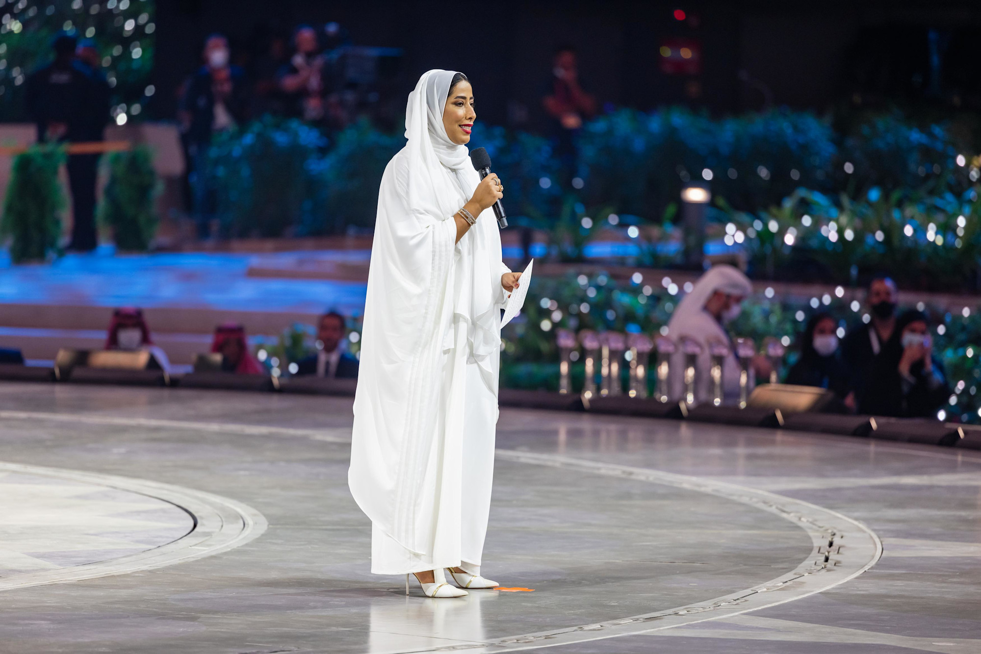 H E Mona Al Marri, President of DPC and Secretary General of the Arab Journalism Award speaks at the Arab Journalism Awards at Al Wasl m14488