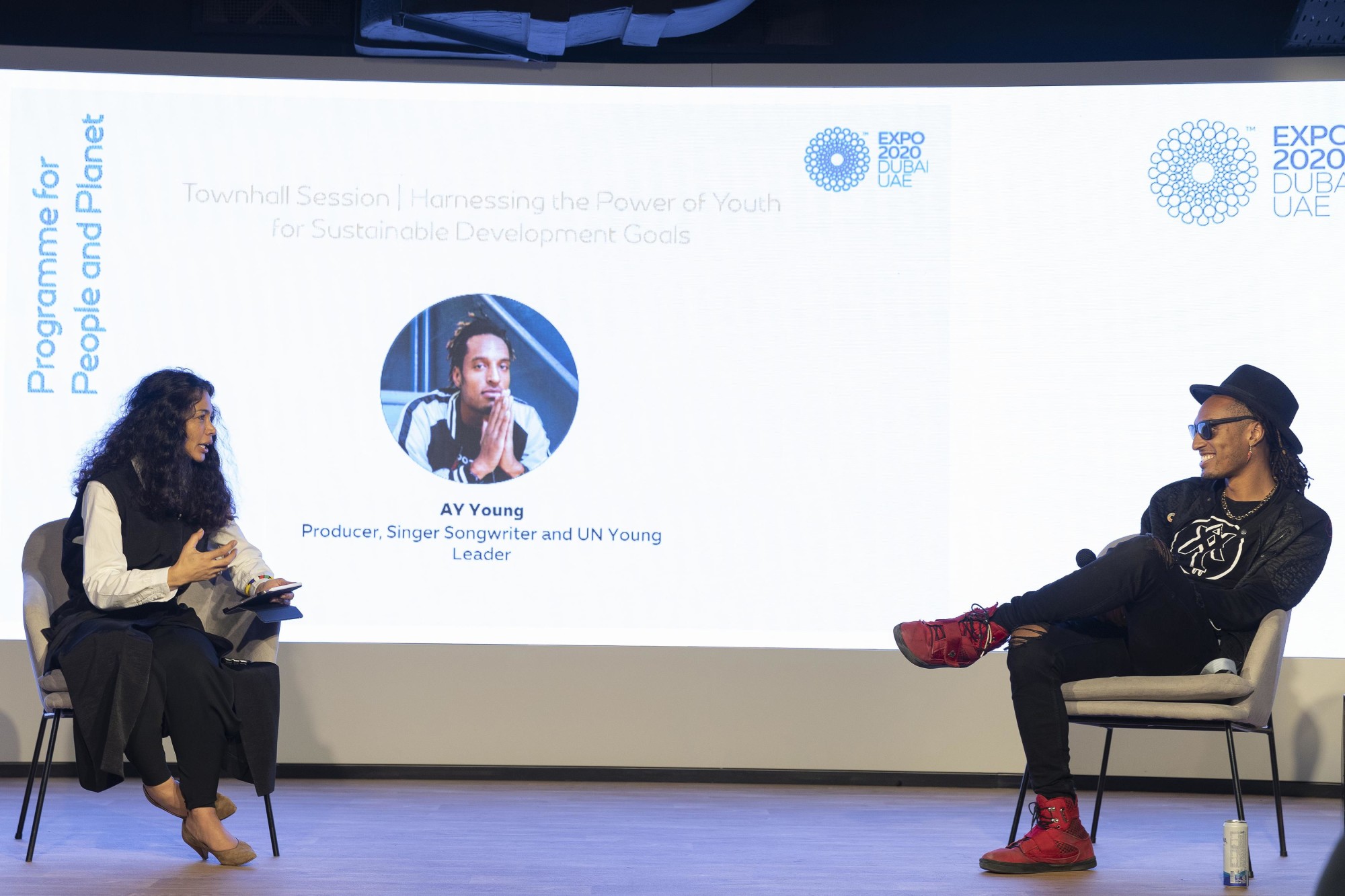 Ay Young (R), producer, songwriter and UN Youth Leader and Natalie Becker-Aakervik (L), Founder, Storyteller, Thought Leader Global and moderator during the Water-Food-Energy Summit at Nexus for People and Planet m34583