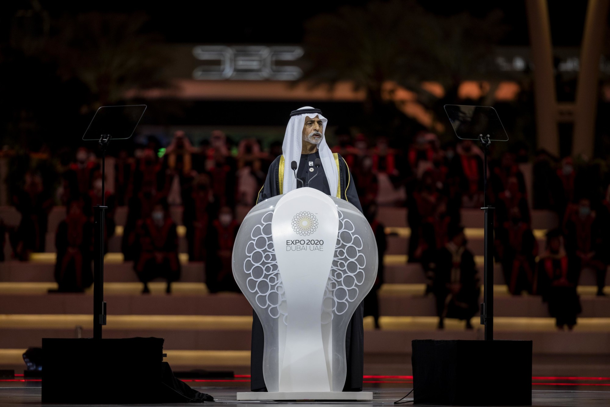 His Excellency Sheikh Nahayan Mabarak Al Nahayan, UAE Minister of Tolerance and Coexistence Commissioner General of Expo 2020 Dubai speaks during the Canadian University of Dubai Graduation Ceremony at Al Wasl m32905