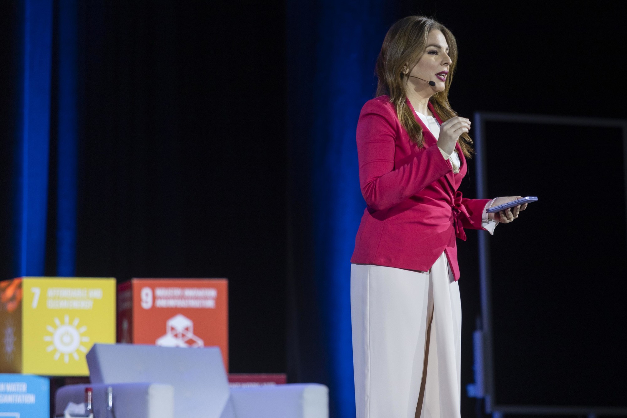 Jessy El Murr, Senior Journalist speaks during the Global Best Practice Programme Assembly at Dubai Exhibition Centre m35194