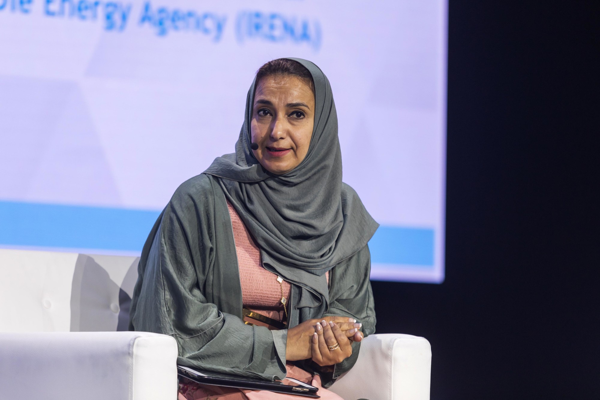 Her Excellency Dr Nawal Al Hosany, Permanent Representative of the UAE to the International Renewable Energy Agency (IRENA) speaks during the UN Women SDG 5 Summit at Dubai Exhibition Centre m60796