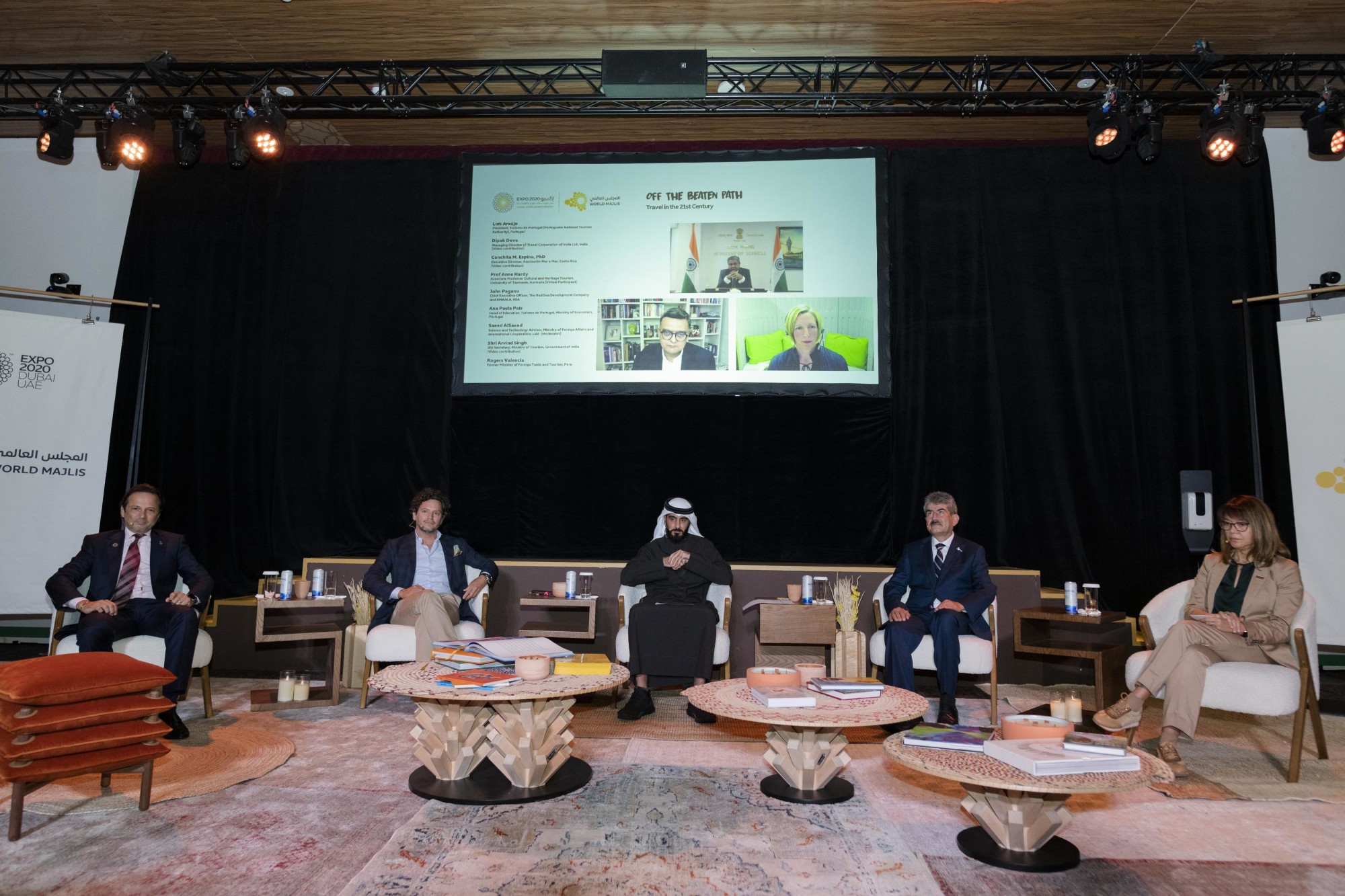 John Pagano (L1), Chief Executive Officer, The Red Sea Development Company and AMAALA, KSA, Luis Araujo (L2), President of Turismo de Portugal, Portuguese National Tourism Authority, Portugal, Saeed Al Saeed (C), Science and Technology Advis