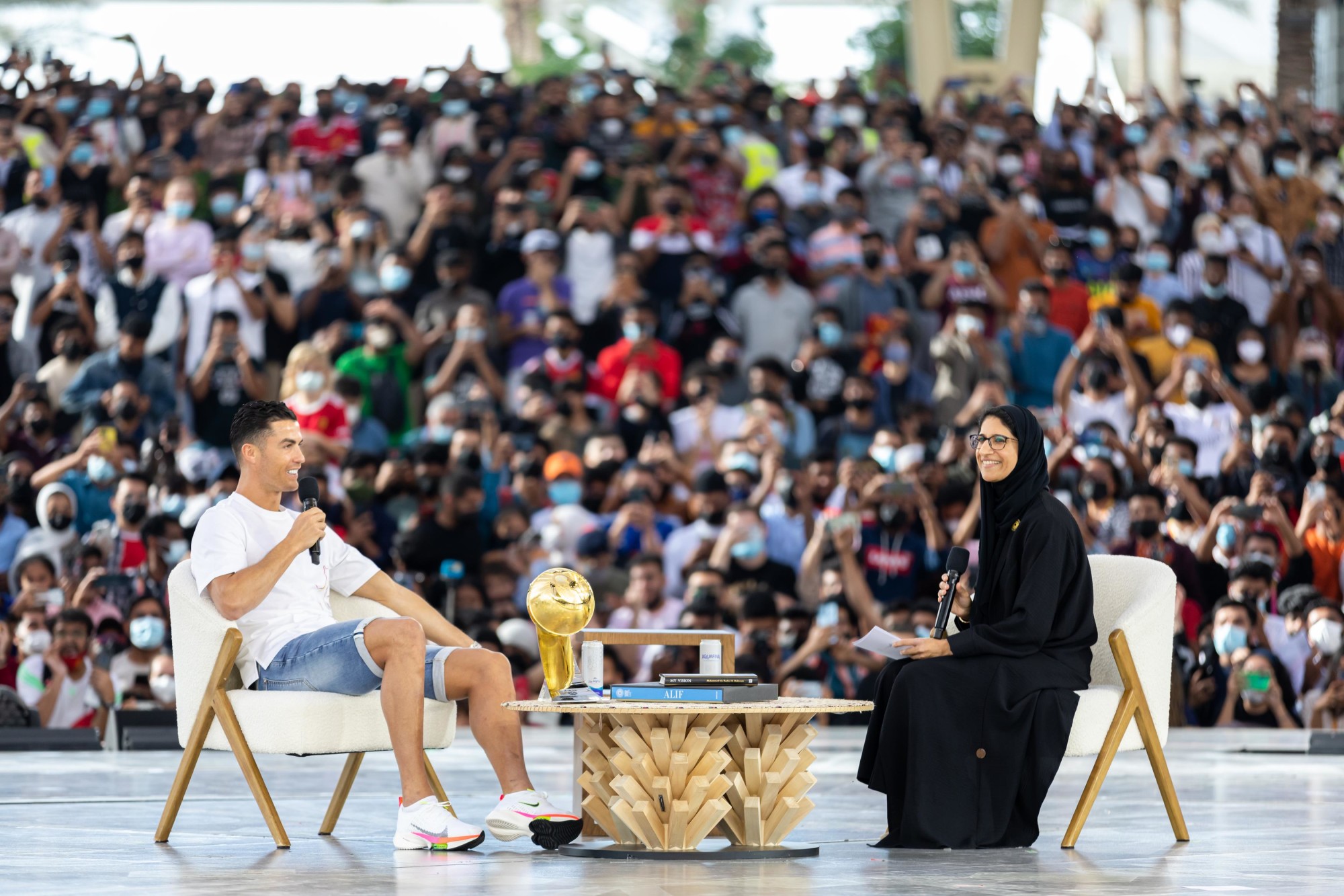 Cristiano Ronaldo (L), Portugal international and Manchester United forward footballer and Marjan Faraidooni, Chief Experience Officer, Expo 2020 at Al Wasl m39456