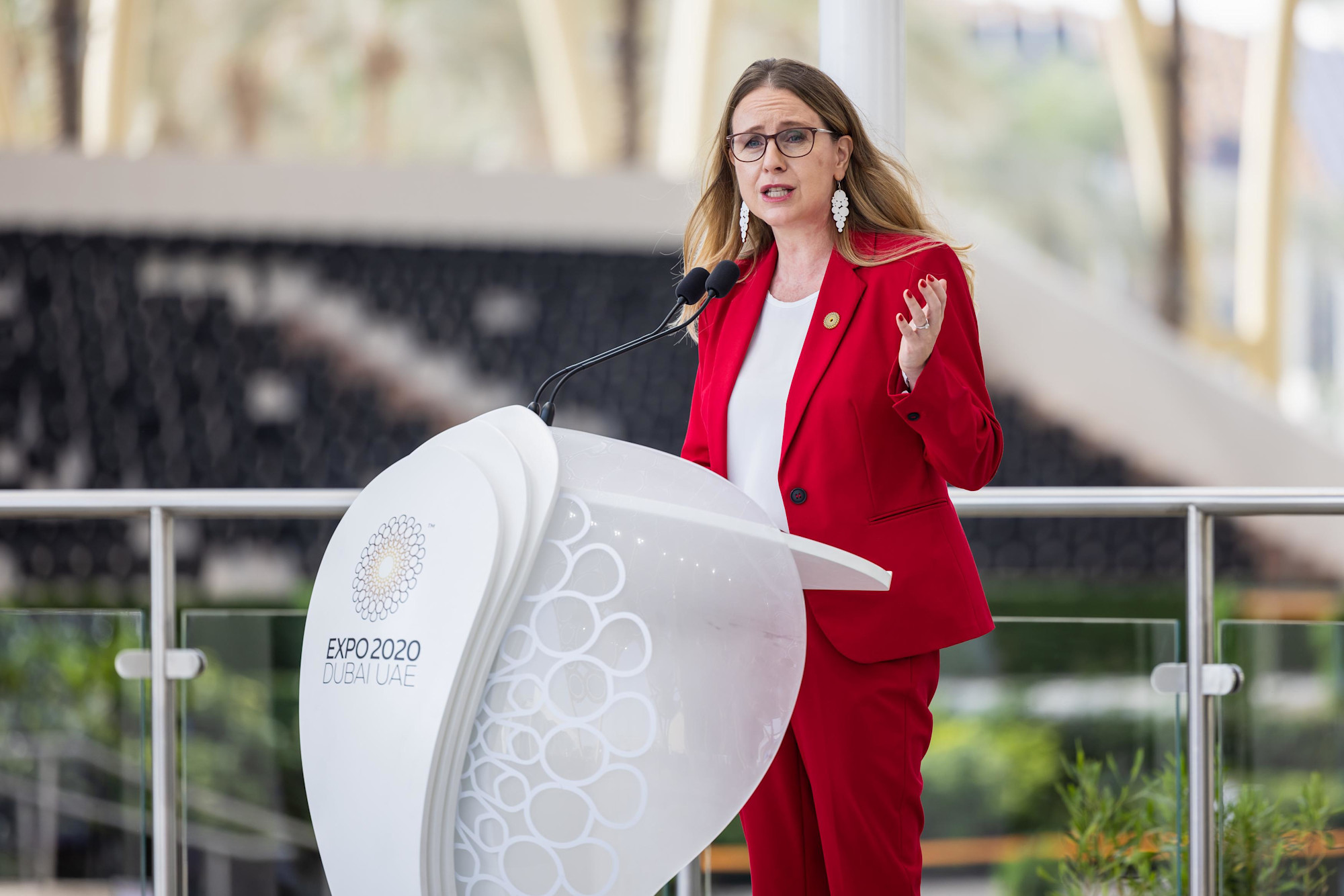 H E Margarete Schramböck, Federal Minister for Digital and Economic Affairs of Austria speaks during Austria National Day Ceremony at Al Wasl m11734