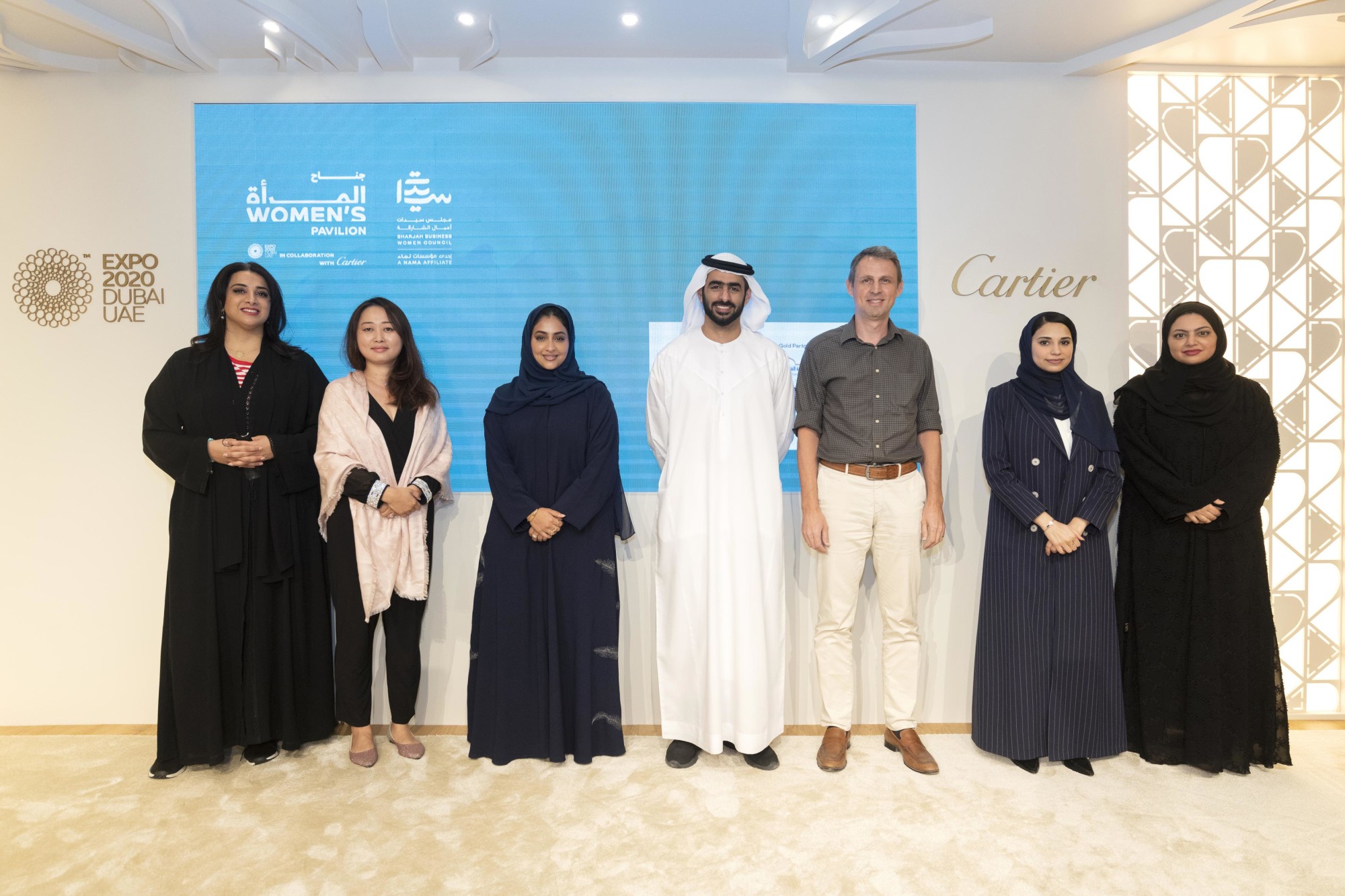 A group photo with Mariam Bin Al Shaikh (L3), Acting Manager of Sharjah Business Women Council, Tao Xiao (L2), Partner at NH Management, Haleema Al Owais (L1), 3rd Gen Real Estate Leader Wealth Management Professional Passionate Educator Mo