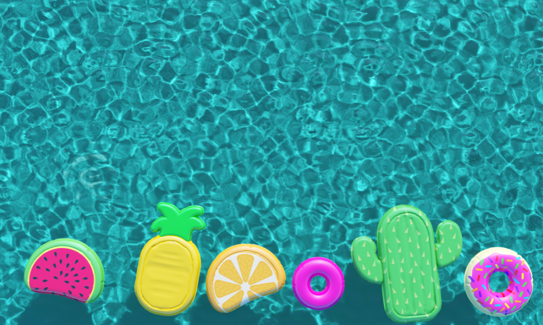 A glistening pool with a watermelon slice, pineapple, orange slice, 2 pink donuts, and cactus pool floats floating in it.