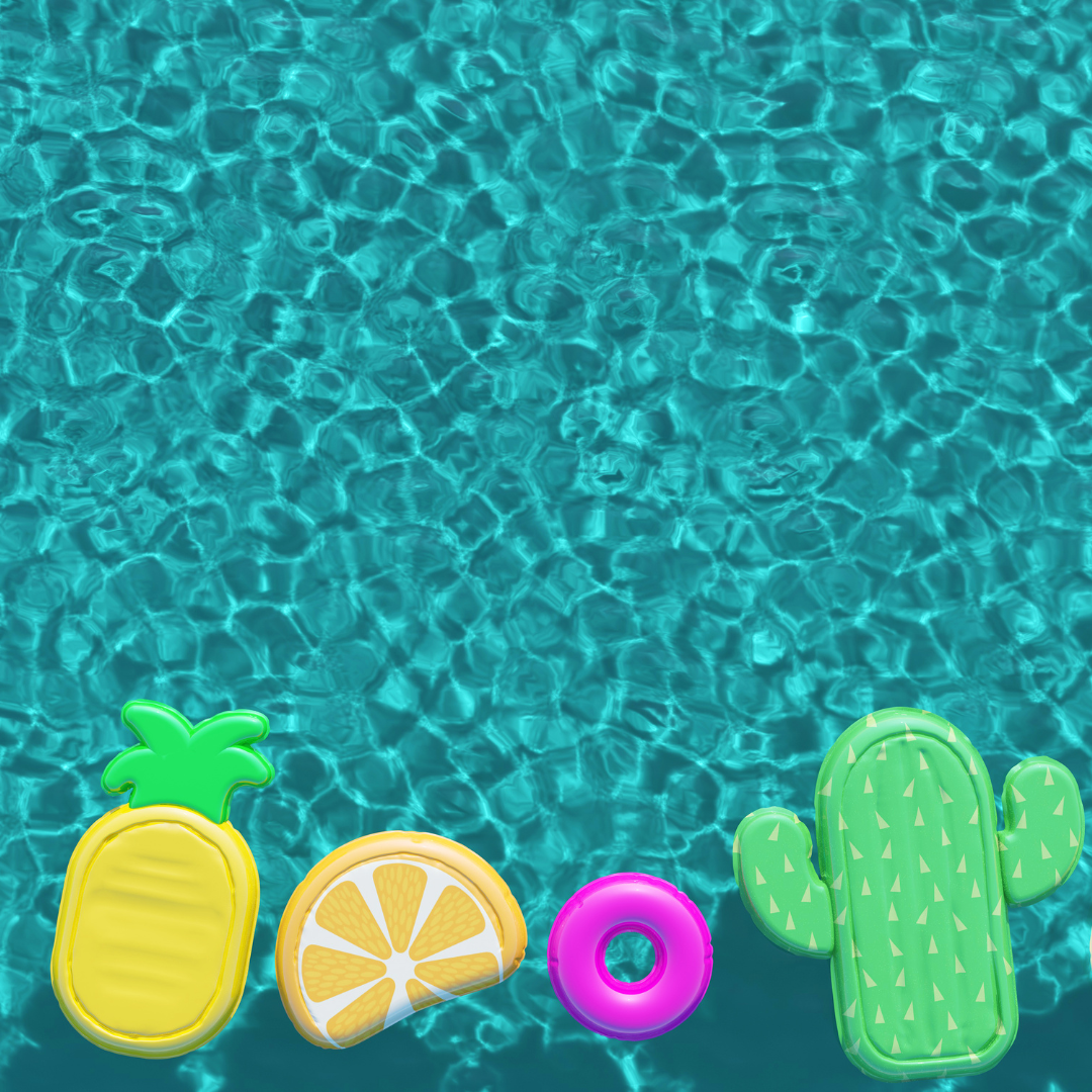 A glistening pool with a watermelon slice, pineapple, orange slice, 2 pink donuts, and cactus pool floats floating in it.