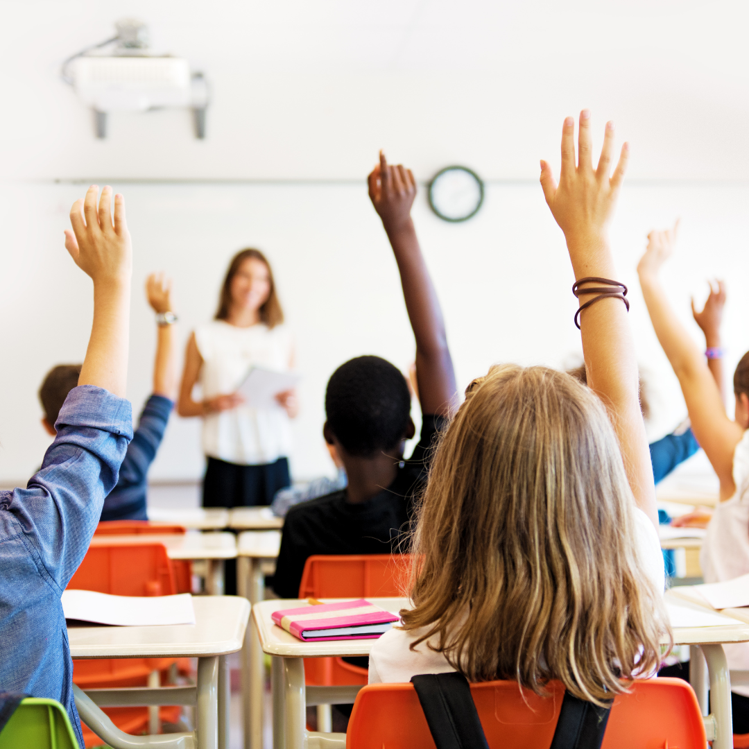 Students raising their hands in a classroom.