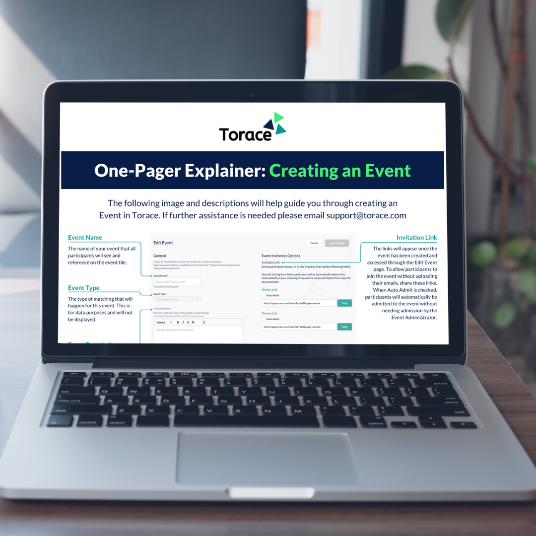 Laptop with Torace One-Pager Explainer: Creating an Event on the screen