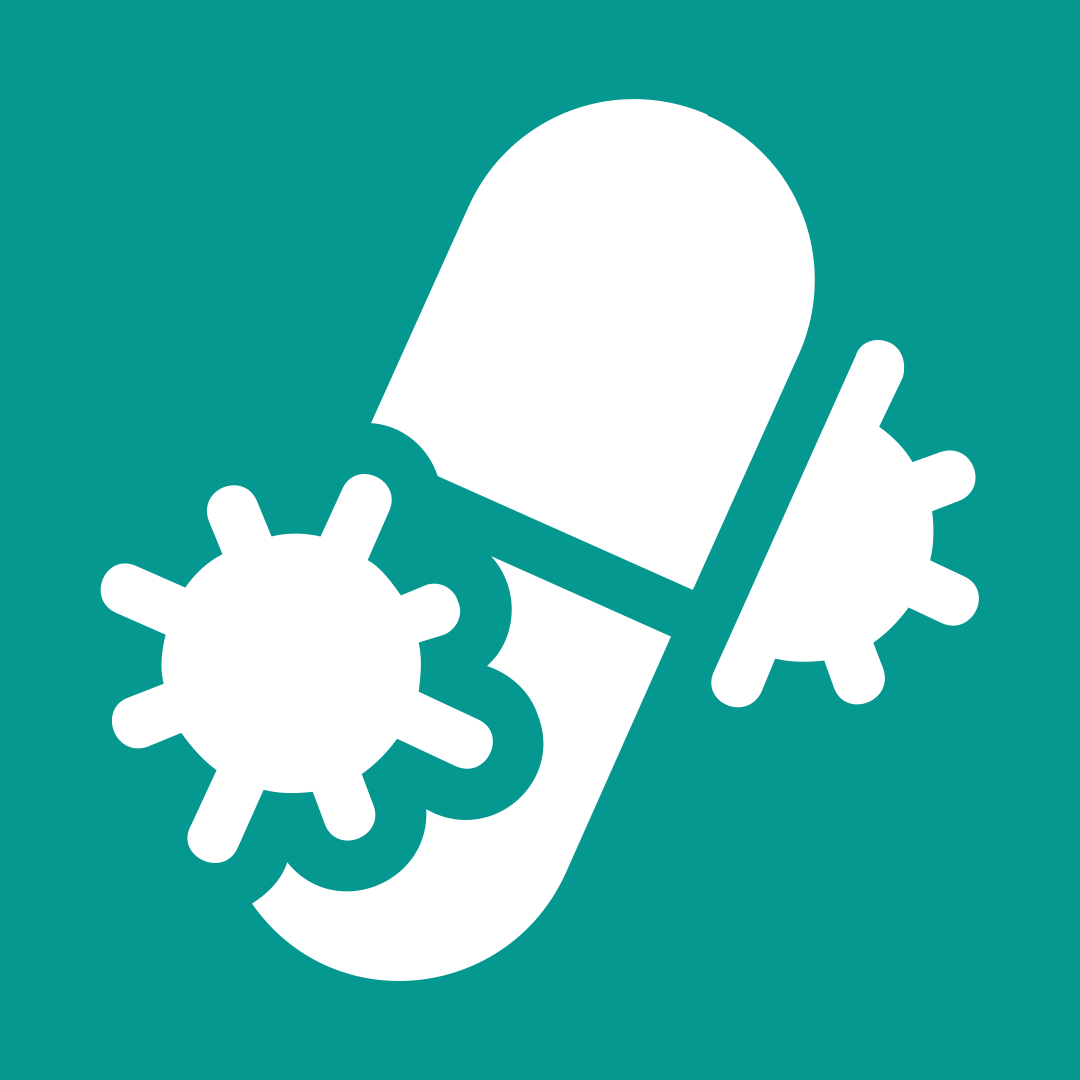 Virus and pill icon image used to represent COVID Recovery