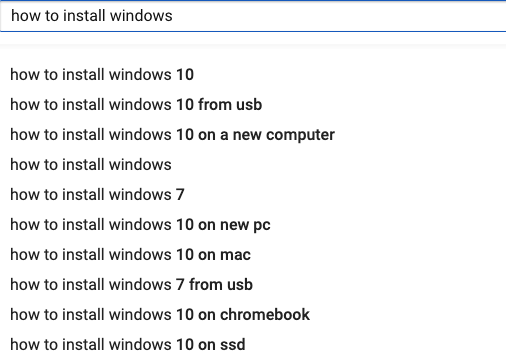 YouTube autocomplete results