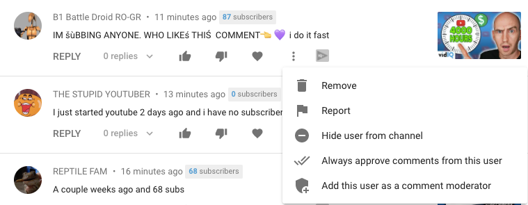 YouTube Comments Menu