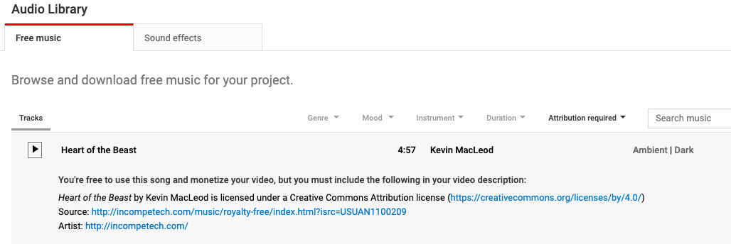 youtube music library attribution in description