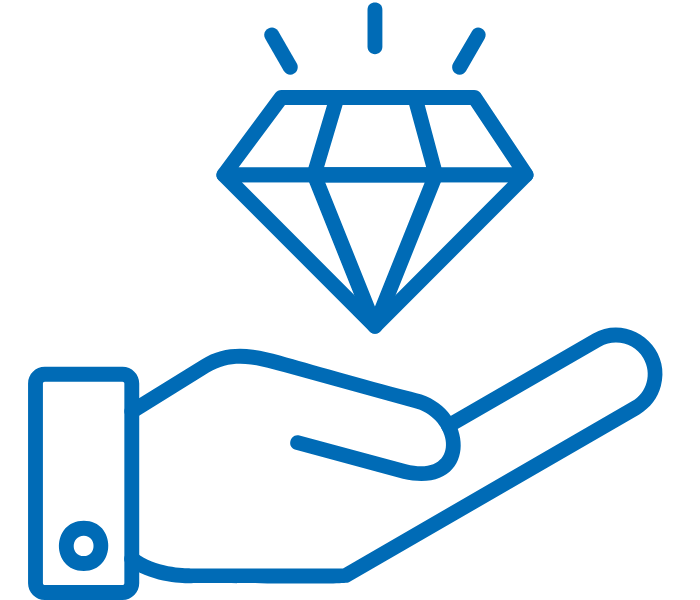 A blue icon of a hand with a diamond above it