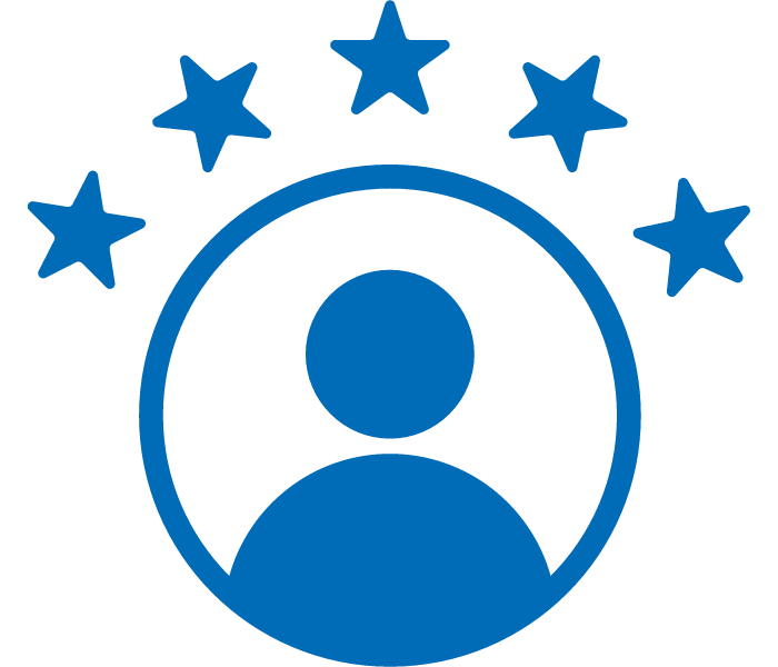 A blue icon of a person with five stars above them