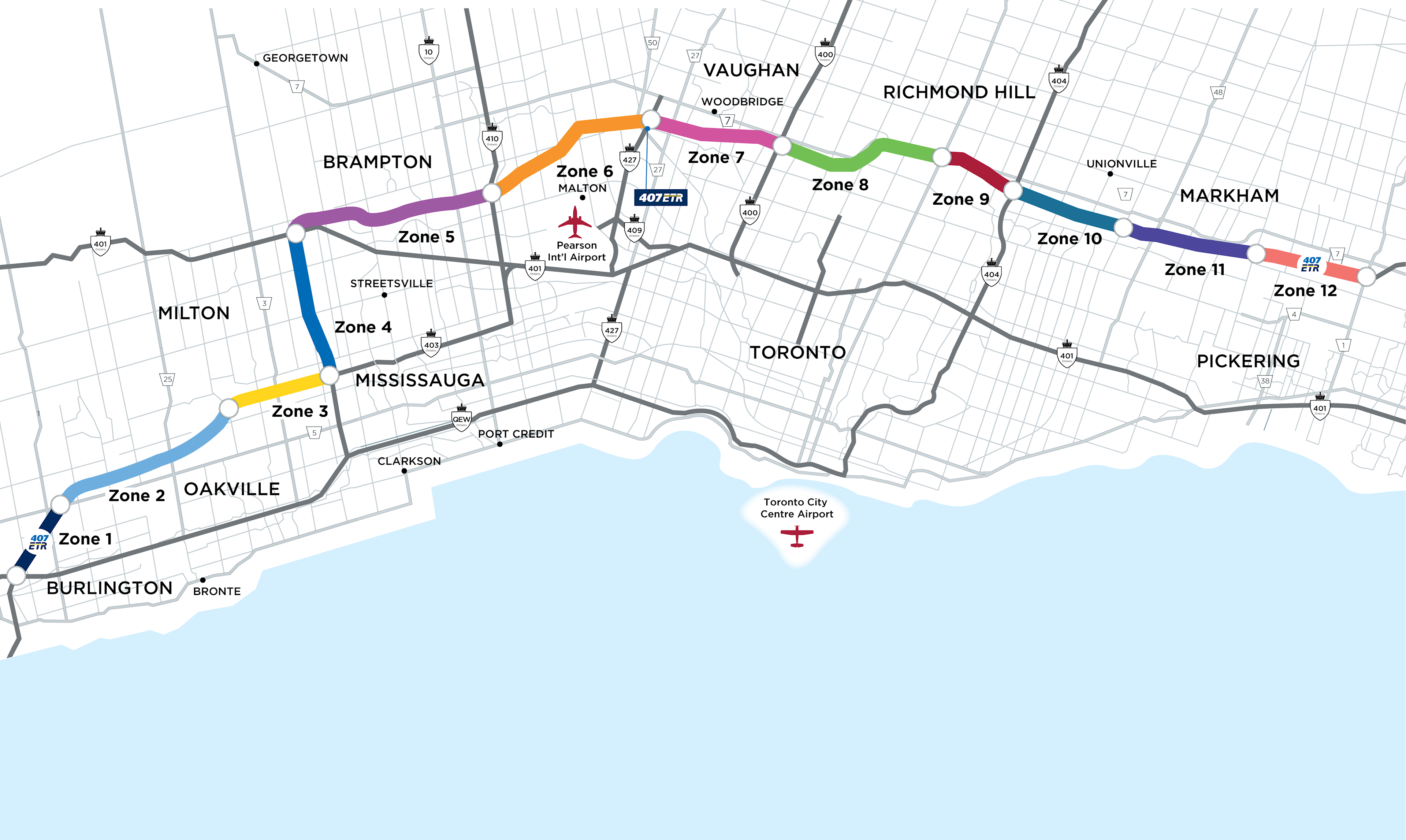 An image showing the different zones of Highway 407 ETR and Highway 407